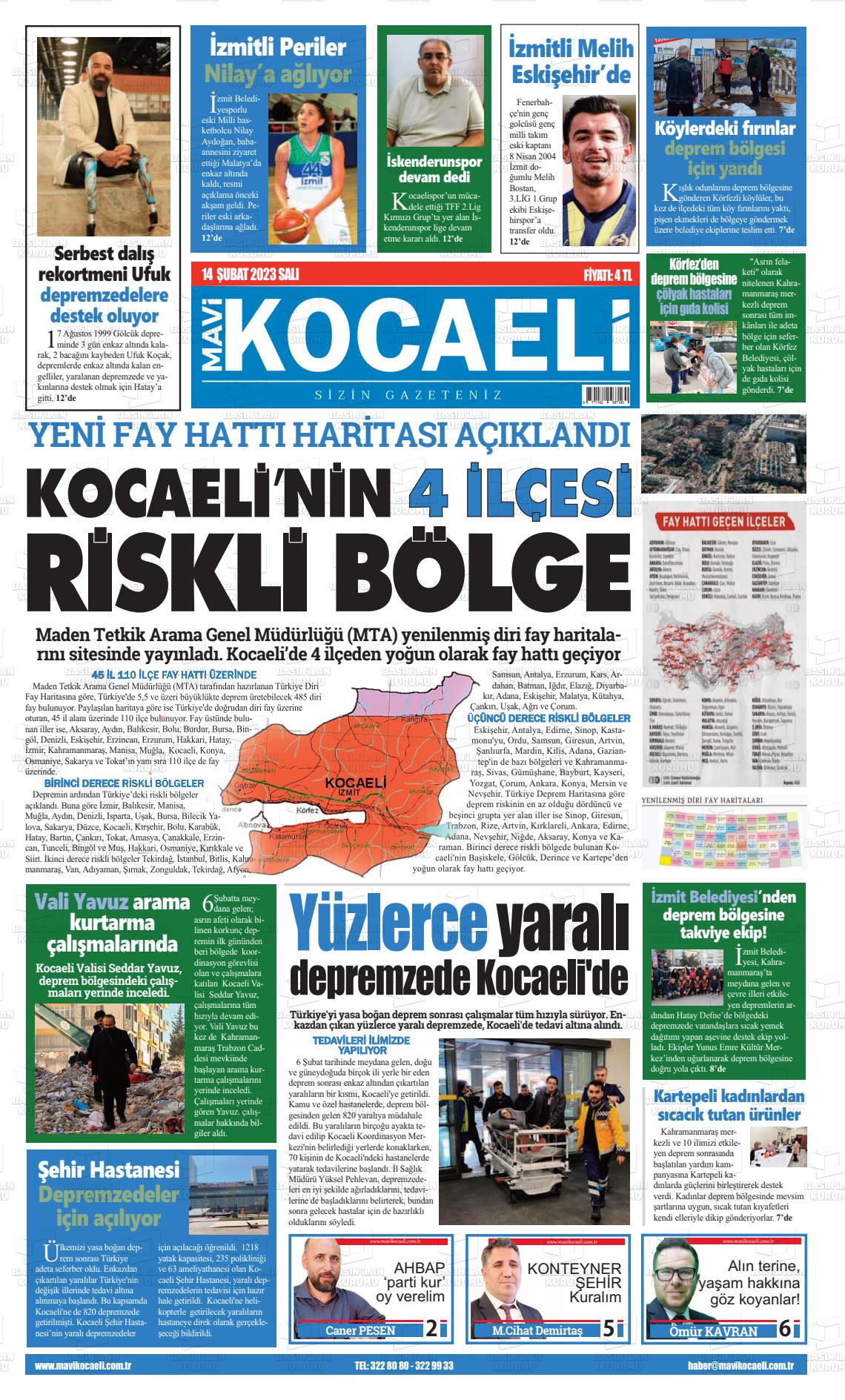 14 Şubat 2023 Mavi Kocaeli Gazete Manşeti