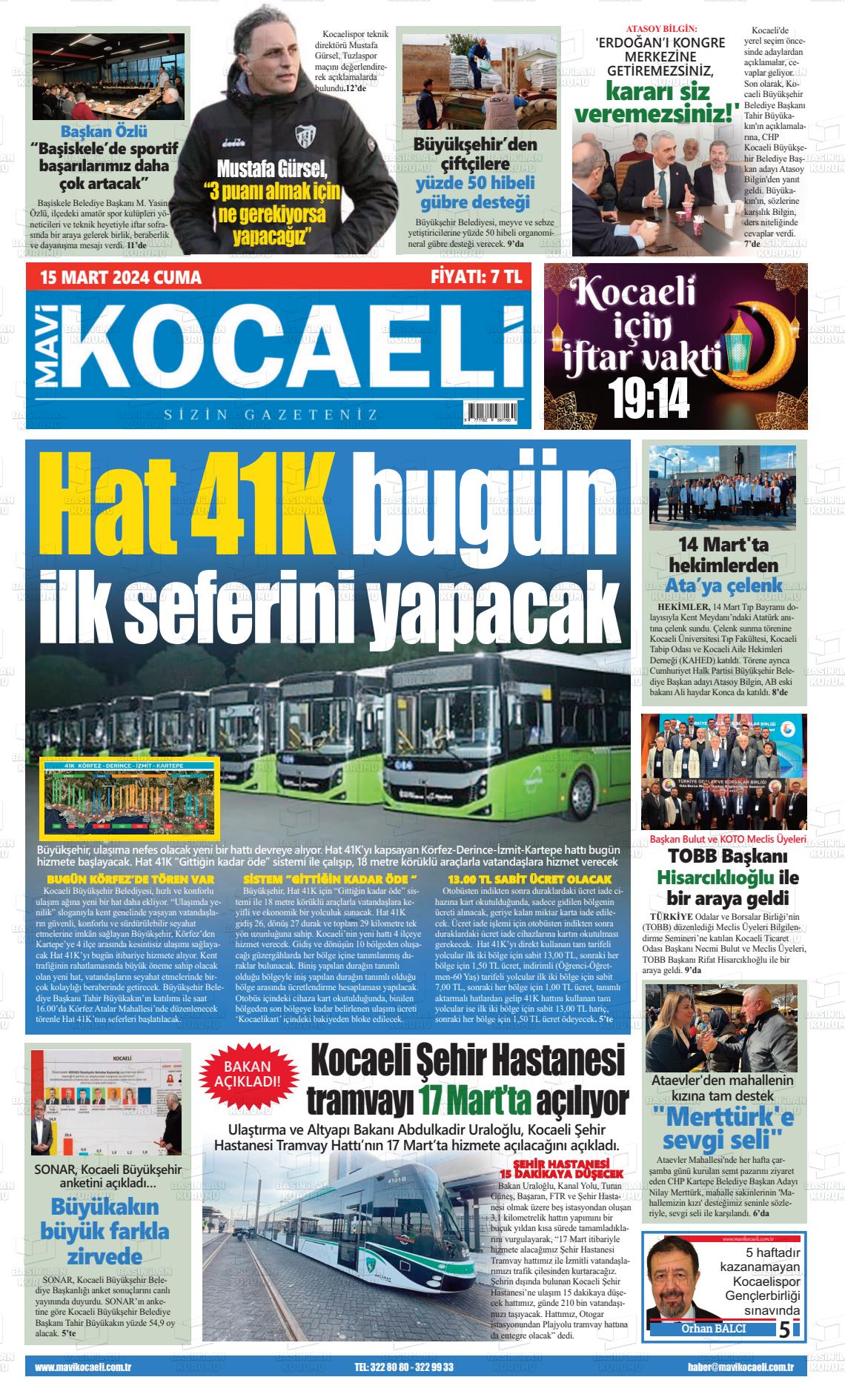 15 Mart 2024 Mavi Kocaeli Gazete Manşeti