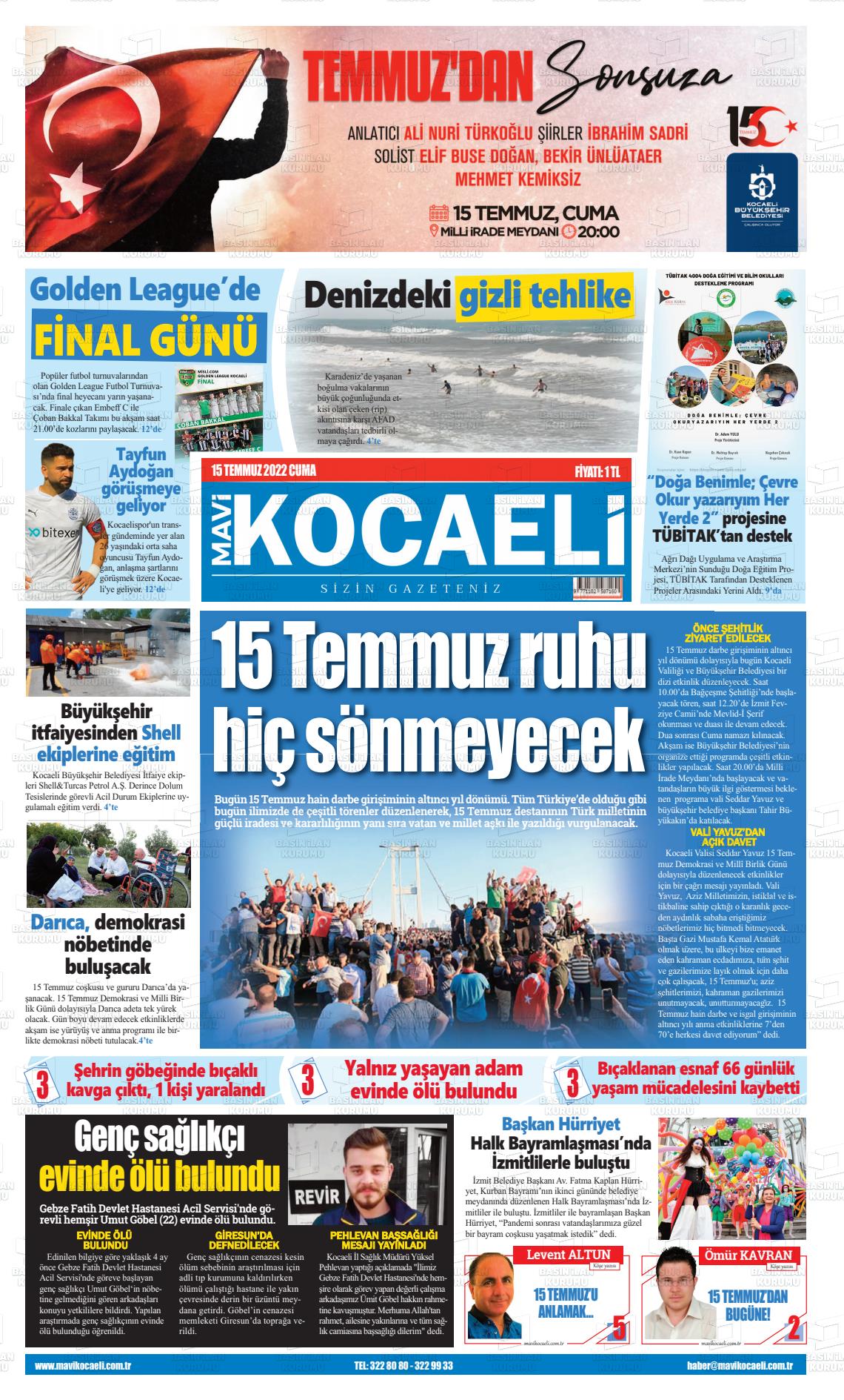 15 Temmuz 2022 Mavi Kocaeli Gazete Manşeti