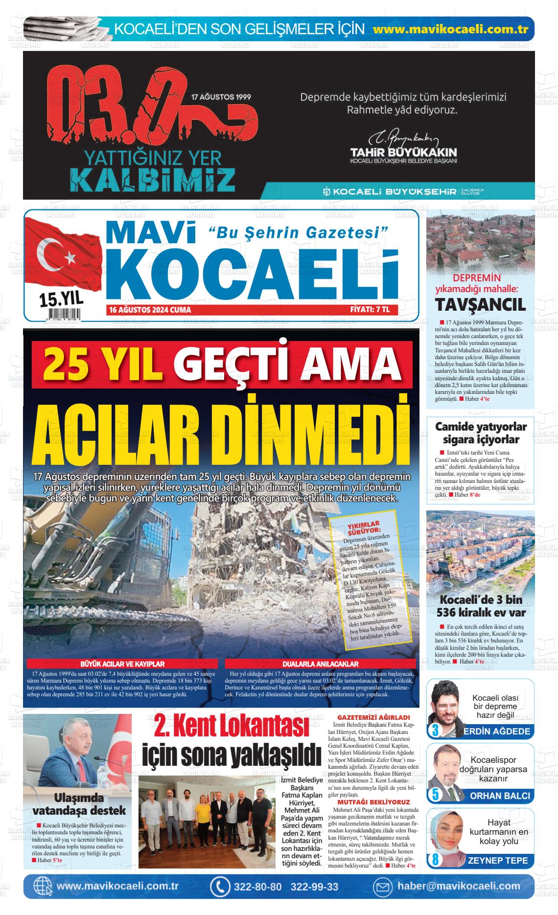 16 Ağustos 2024 Mavi Kocaeli Gazete Manşeti