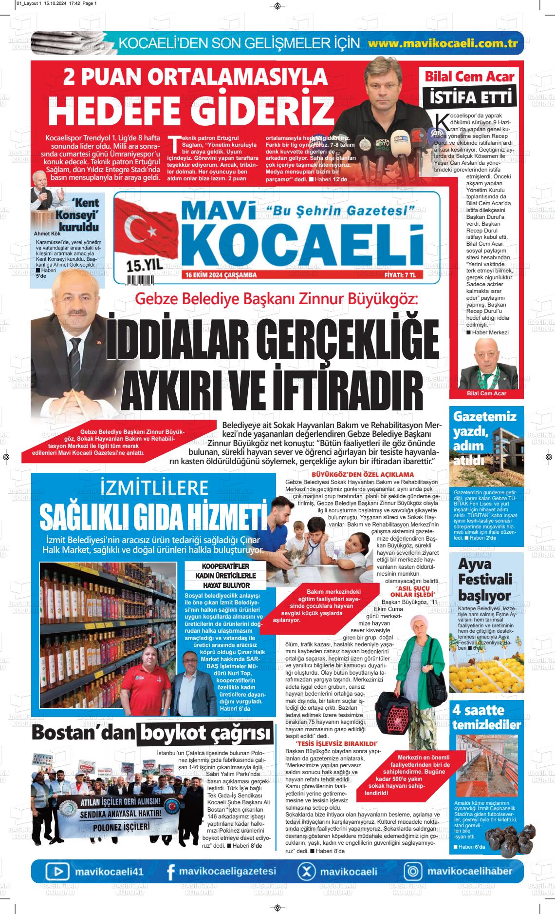 16 Ekim 2024 Mavi Kocaeli Gazete Manşeti