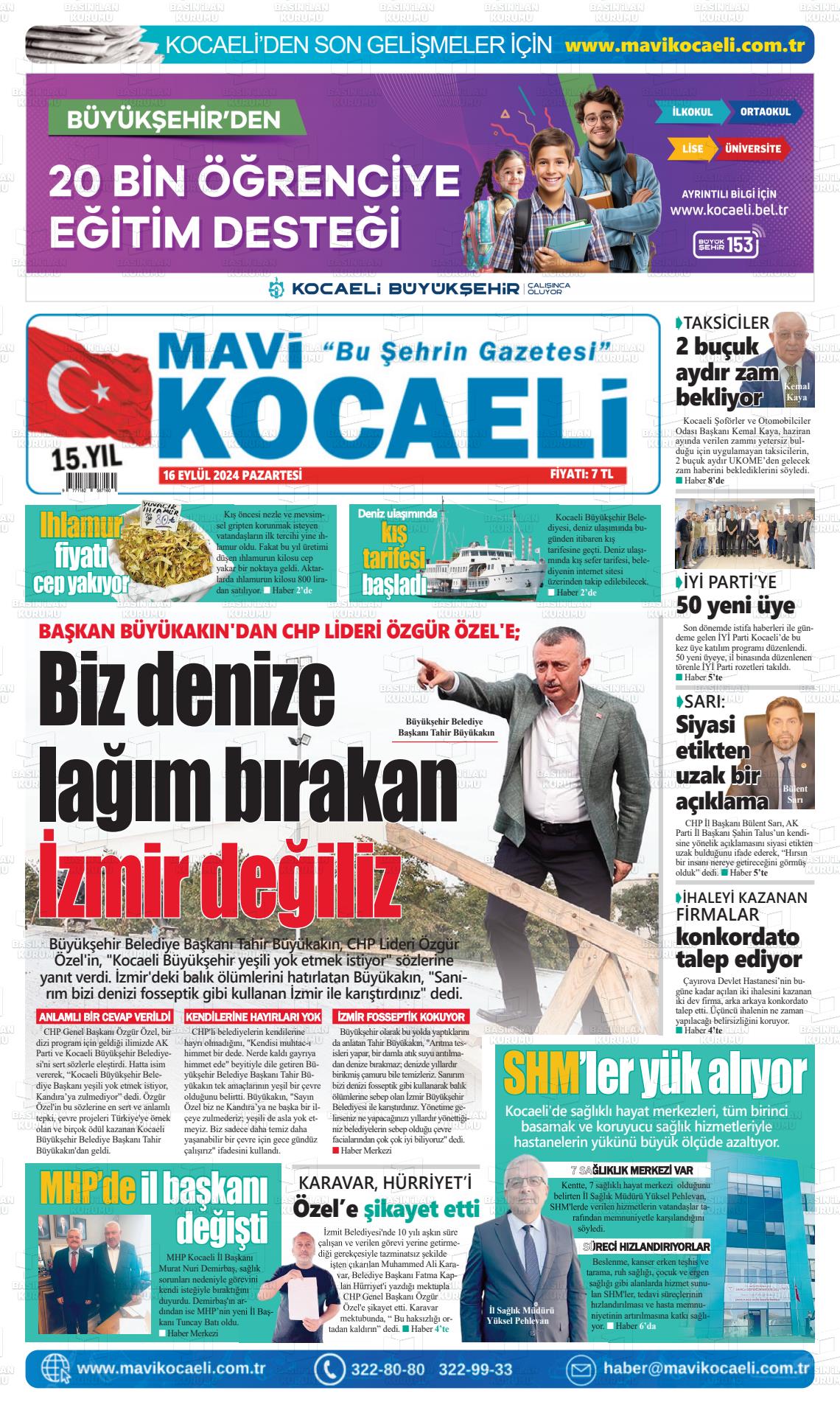 16 Eylül 2024 Mavi Kocaeli Gazete Manşeti