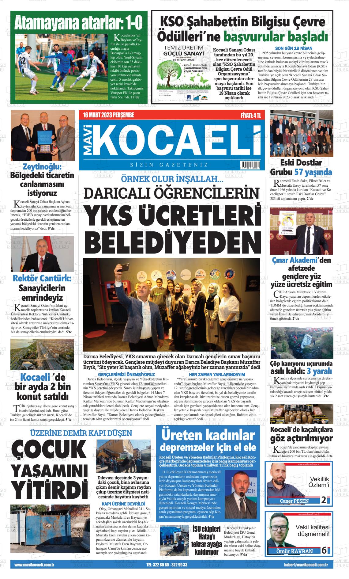 16 Mart 2023 Mavi Kocaeli Gazete Manşeti