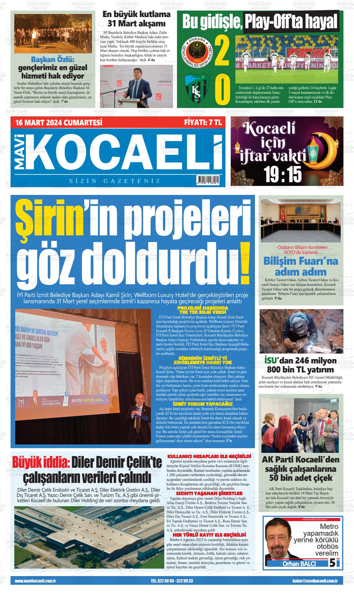 16 Mart 2024 Mavi Kocaeli Gazete Manşeti