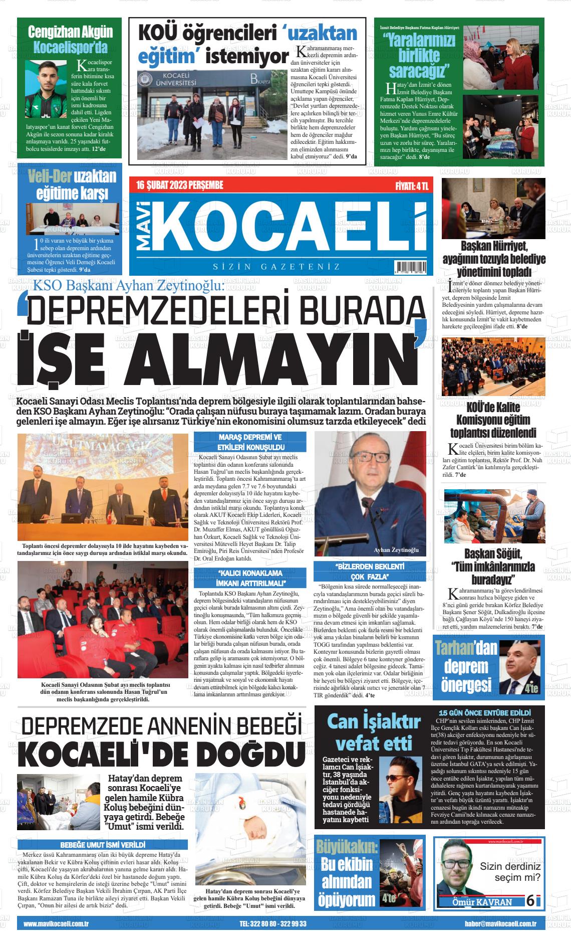 16 Şubat 2023 Mavi Kocaeli Gazete Manşeti