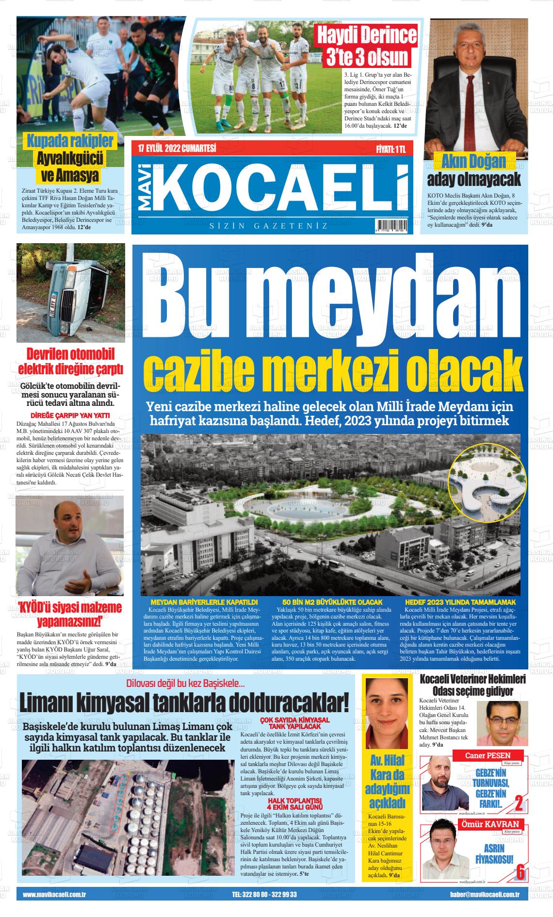 17 Eylül 2022 Mavi Kocaeli Gazete Manşeti