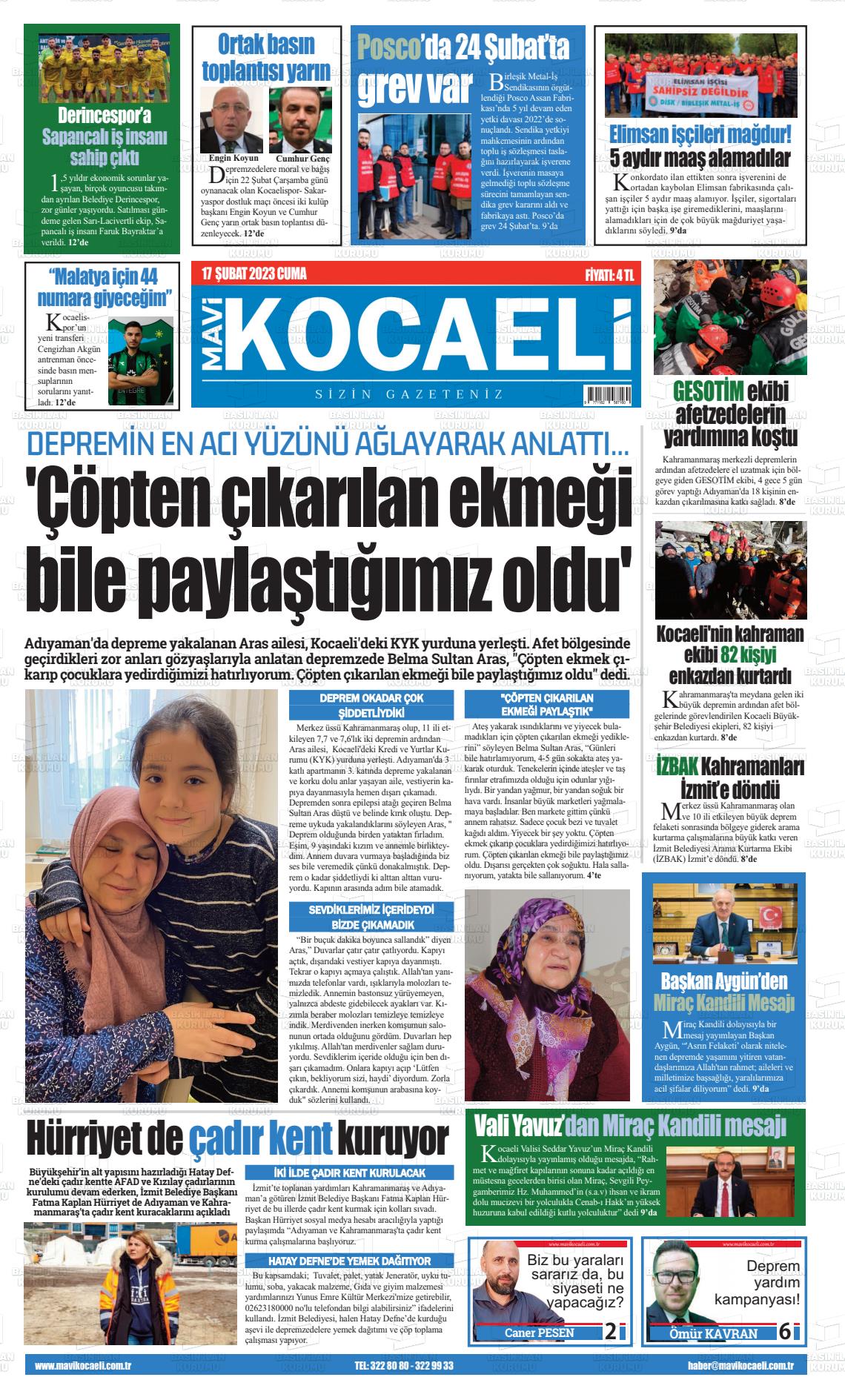 17 Şubat 2023 Mavi Kocaeli Gazete Manşeti