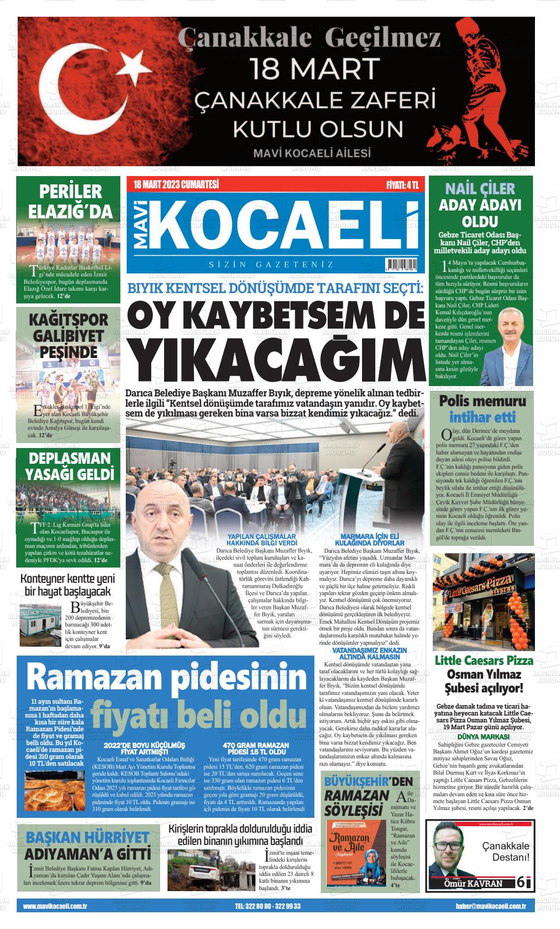 16 Mayıs 2023 Mavi Kocaeli Gazete Manşeti