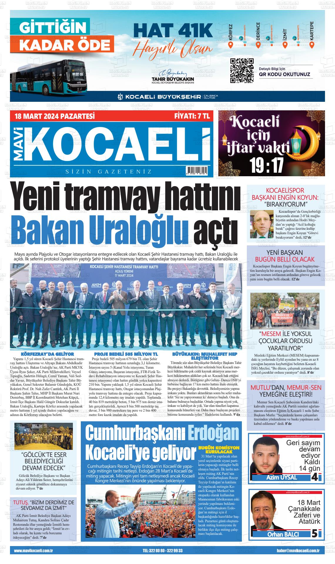 18 Mart 2024 Mavi Kocaeli Gazete Manşeti