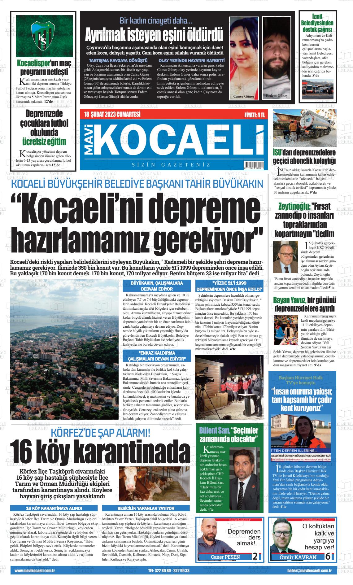 18 Şubat 2023 Mavi Kocaeli Gazete Manşeti