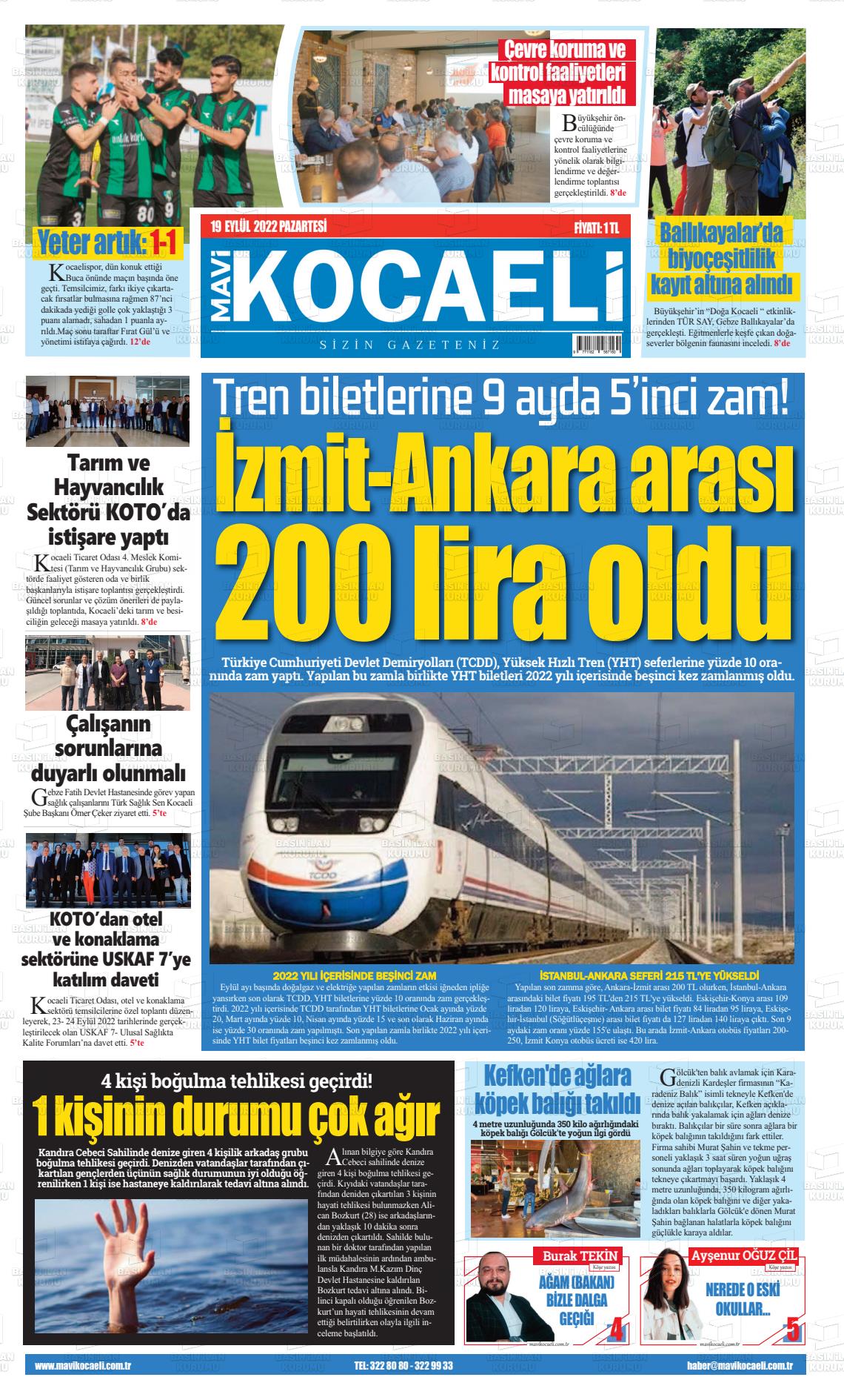 19 Eylül 2022 Mavi Kocaeli Gazete Manşeti