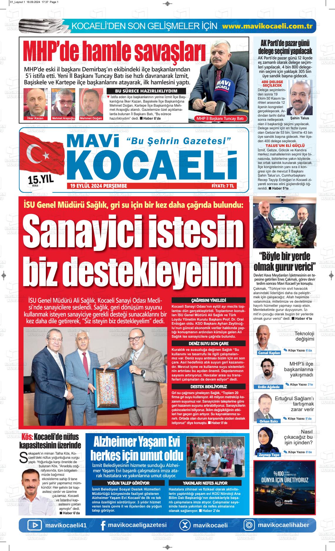 19 Eylül 2024 Mavi Kocaeli Gazete Manşeti