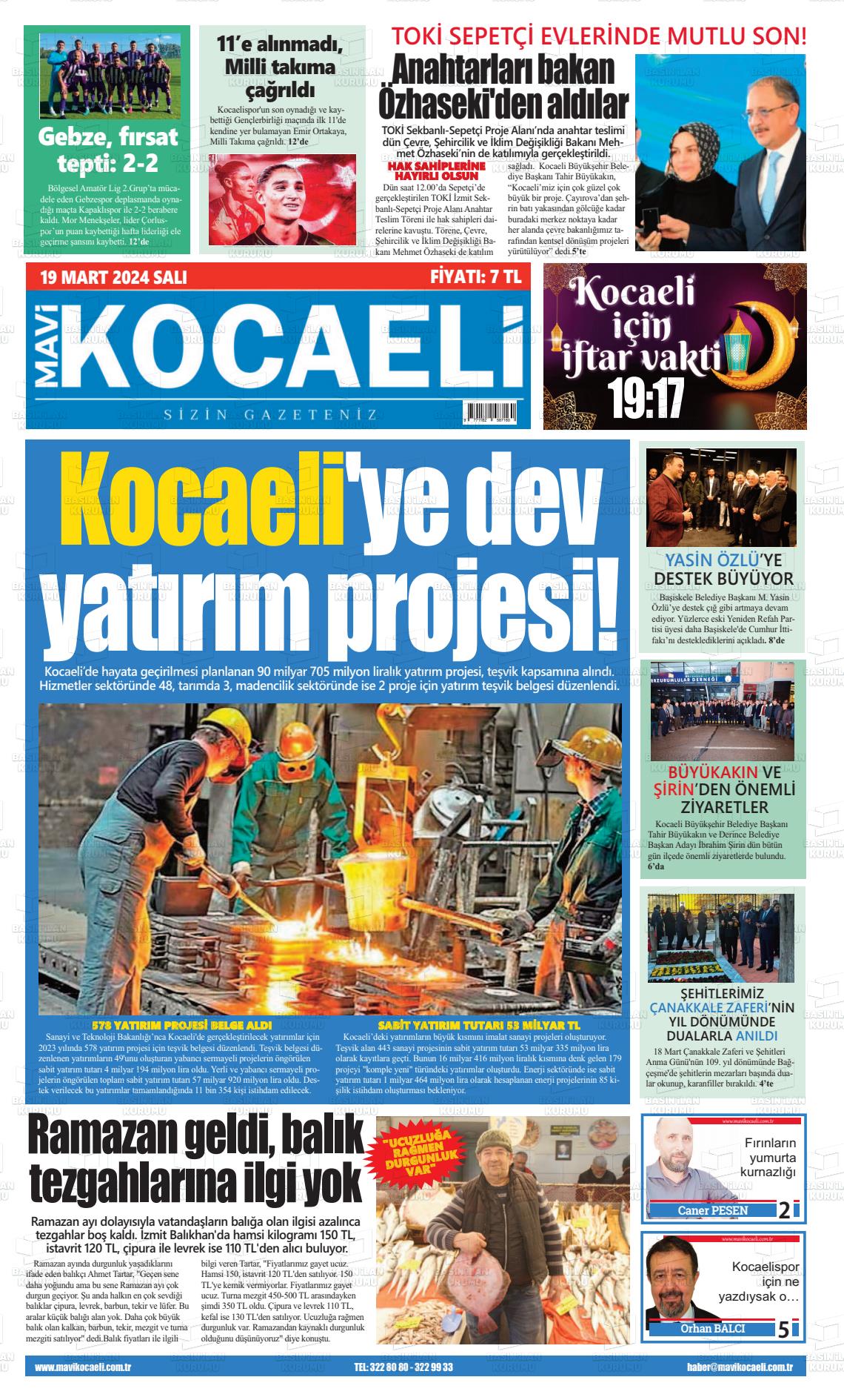 19 Mart 2024 Mavi Kocaeli Gazete Manşeti