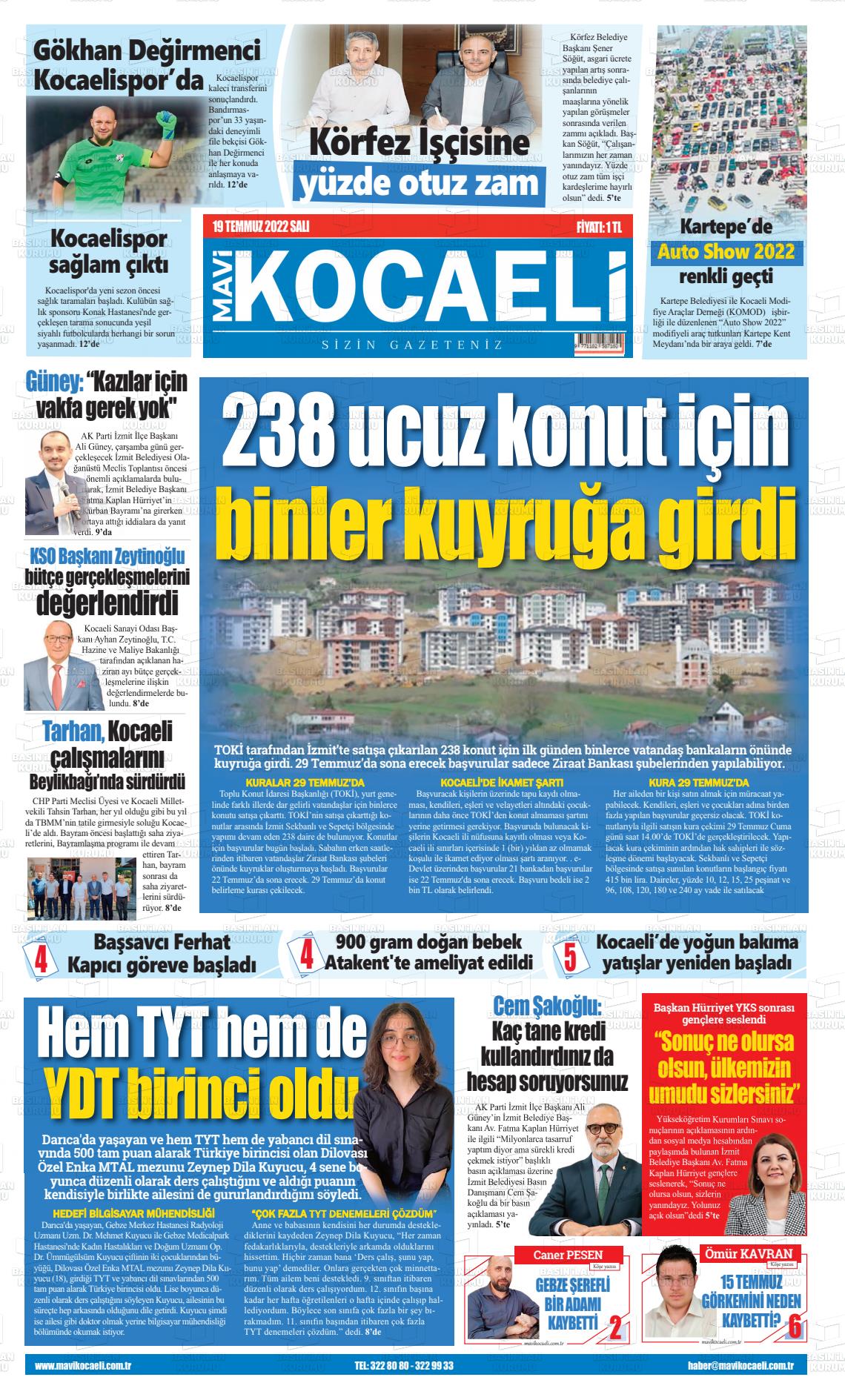 19 Temmuz 2022 Mavi Kocaeli Gazete Manşeti