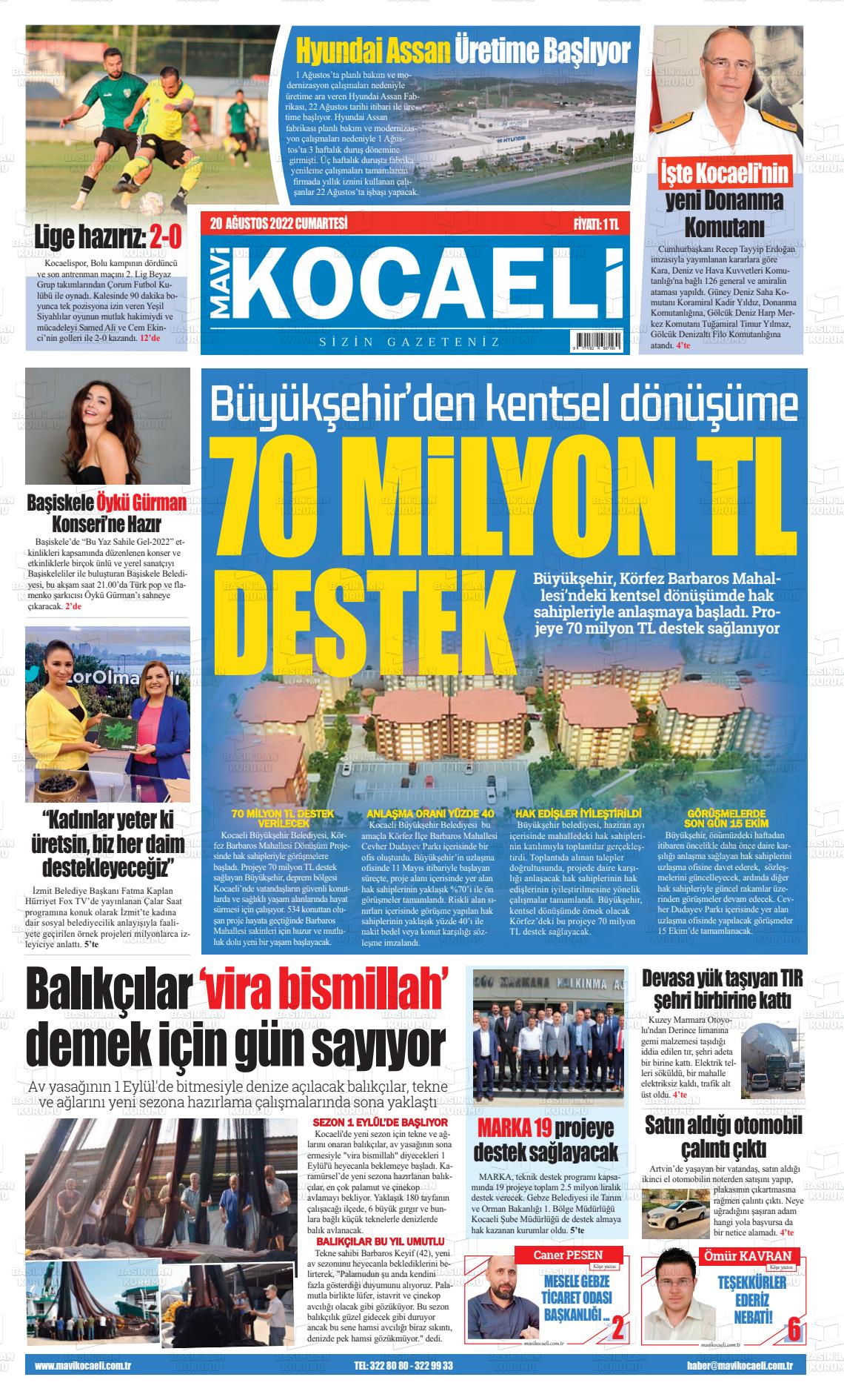 20 Ağustos 2022 Mavi Kocaeli Gazete Manşeti