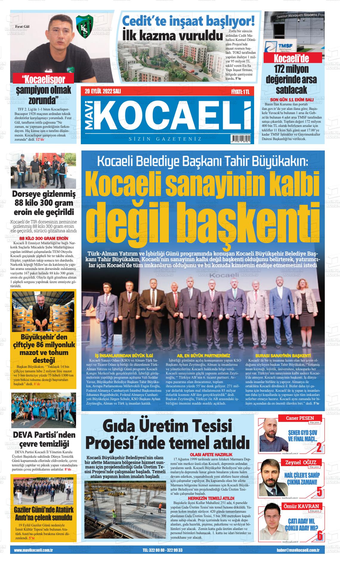 20 Eylül 2022 Mavi Kocaeli Gazete Manşeti