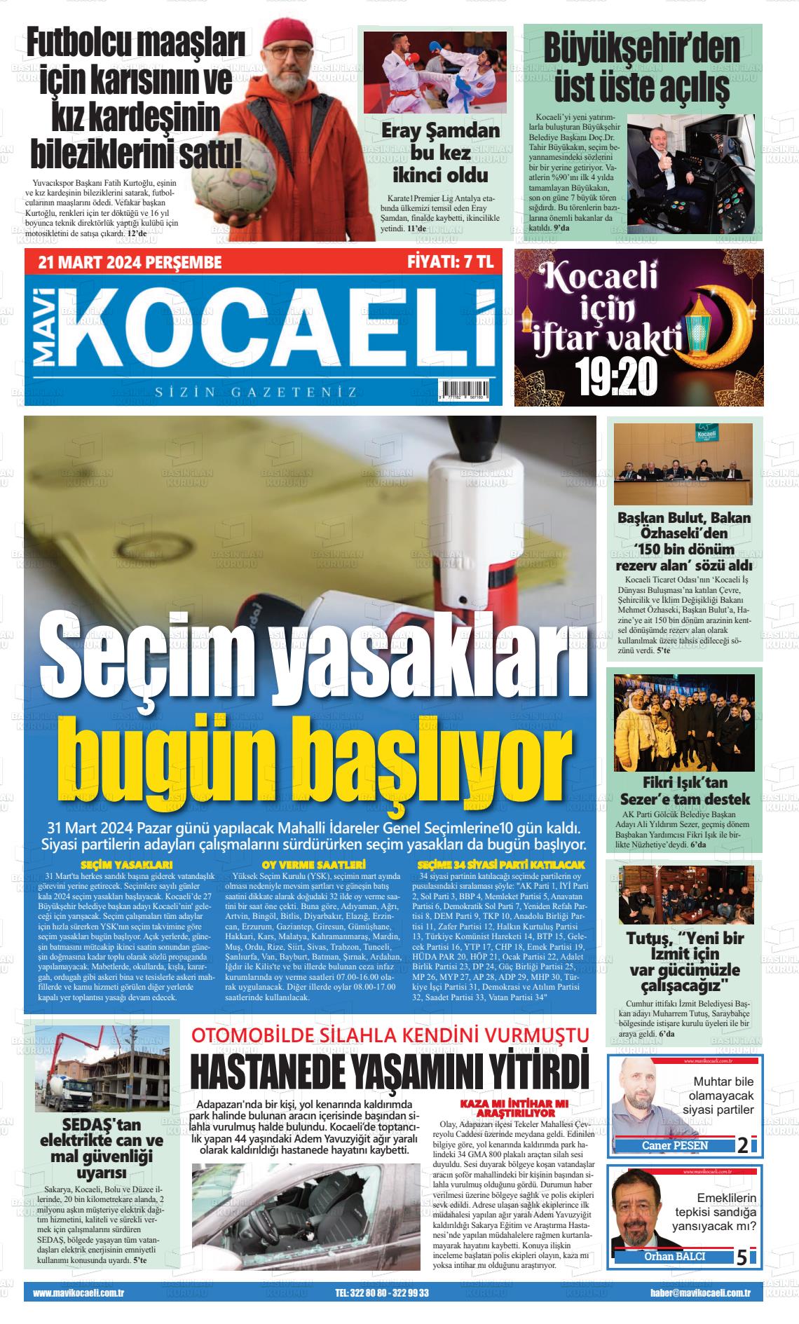 21 Mart 2024 Mavi Kocaeli Gazete Manşeti