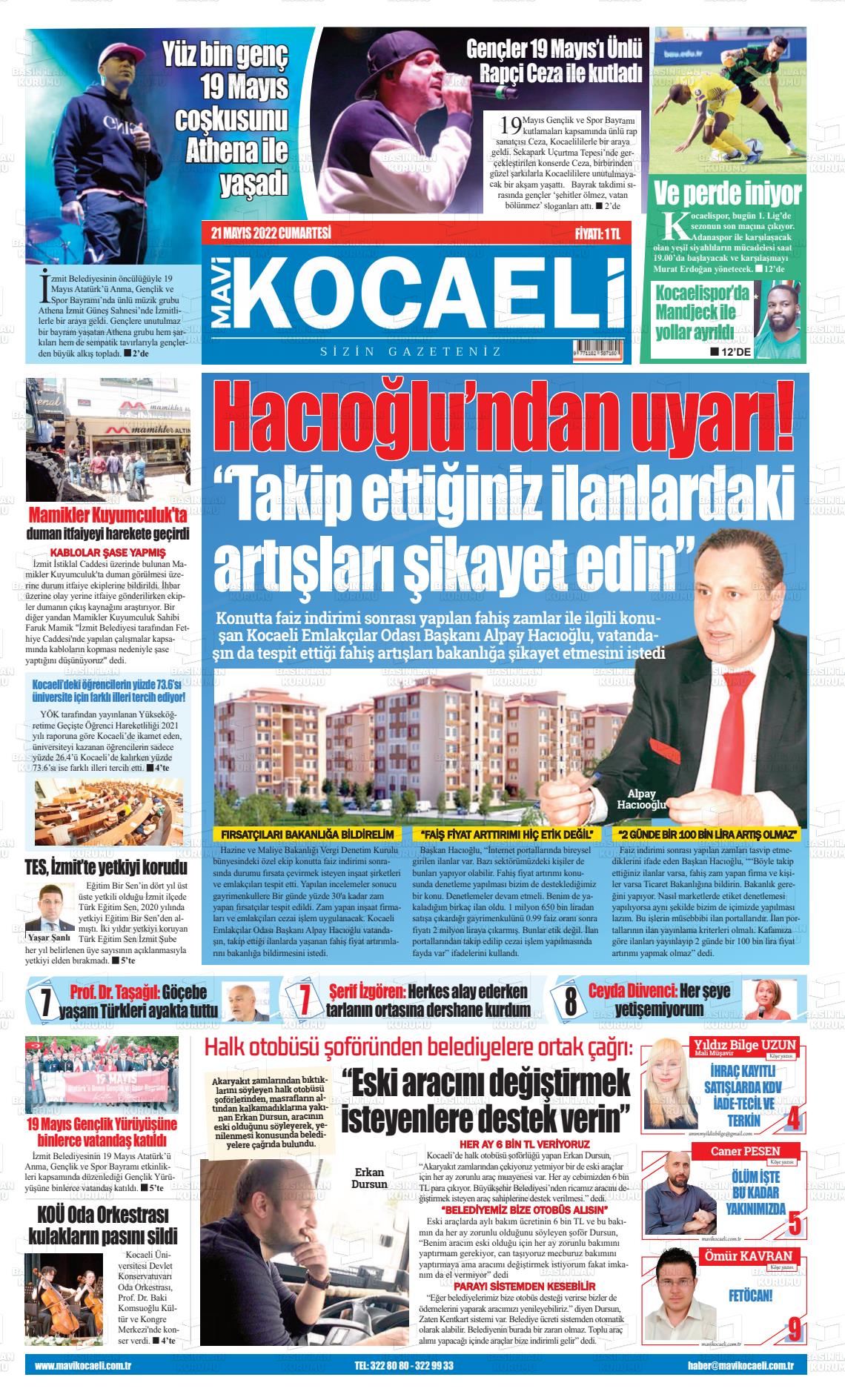 21 Mayıs 2022 Mavi Kocaeli Gazete Manşeti