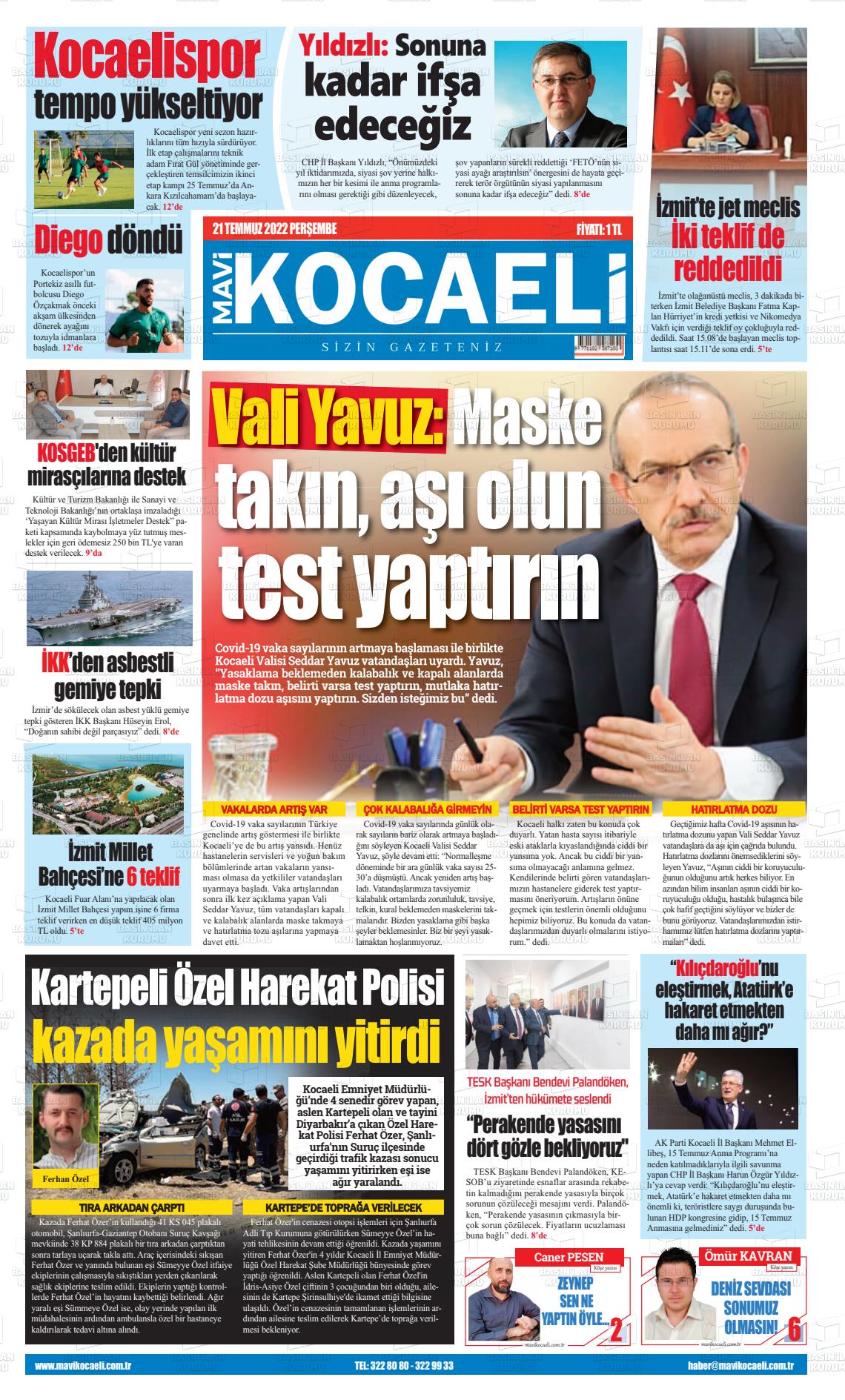 21 Temmuz 2022 Mavi Kocaeli Gazete Manşeti