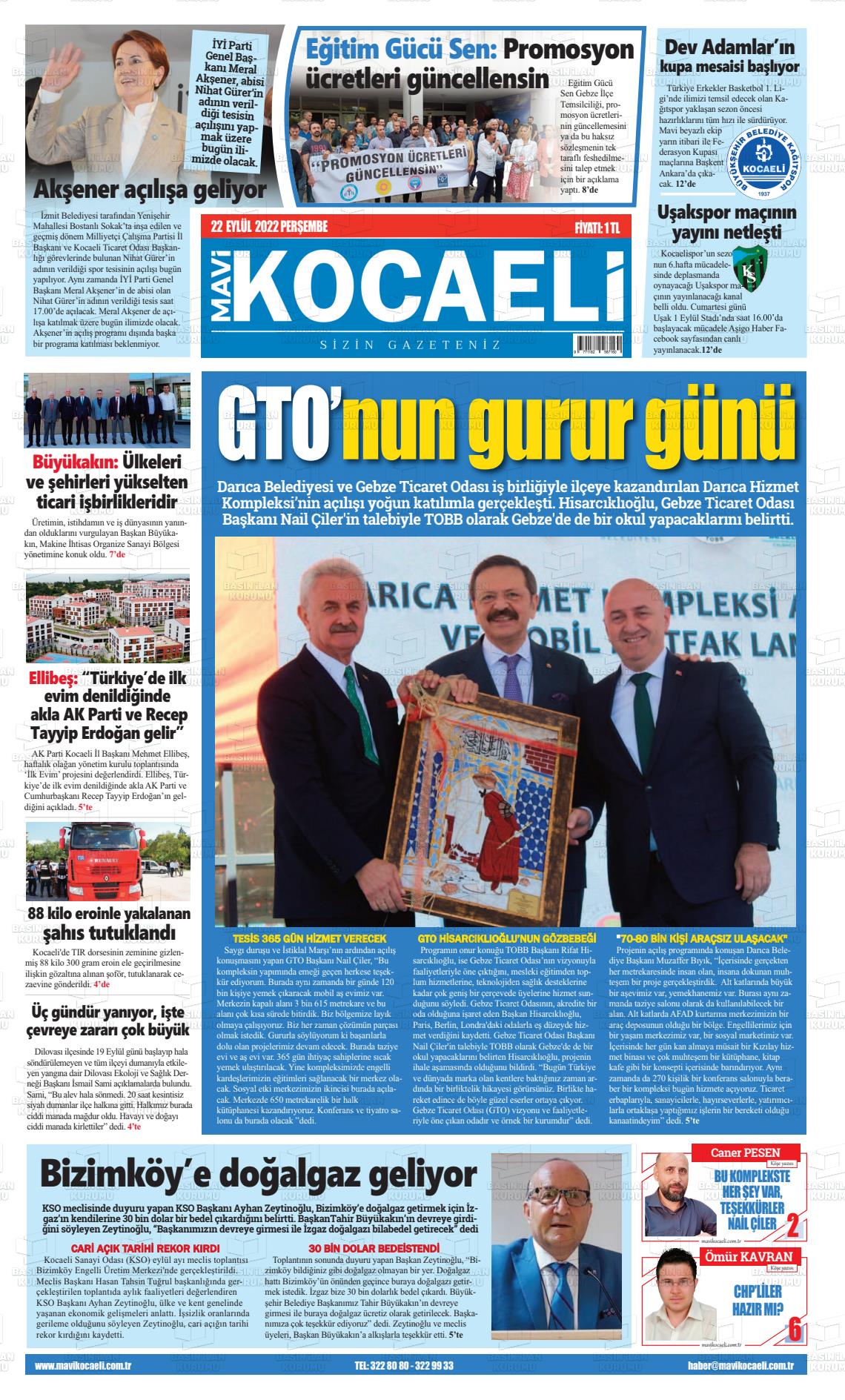 22 Eylül 2022 Mavi Kocaeli Gazete Manşeti