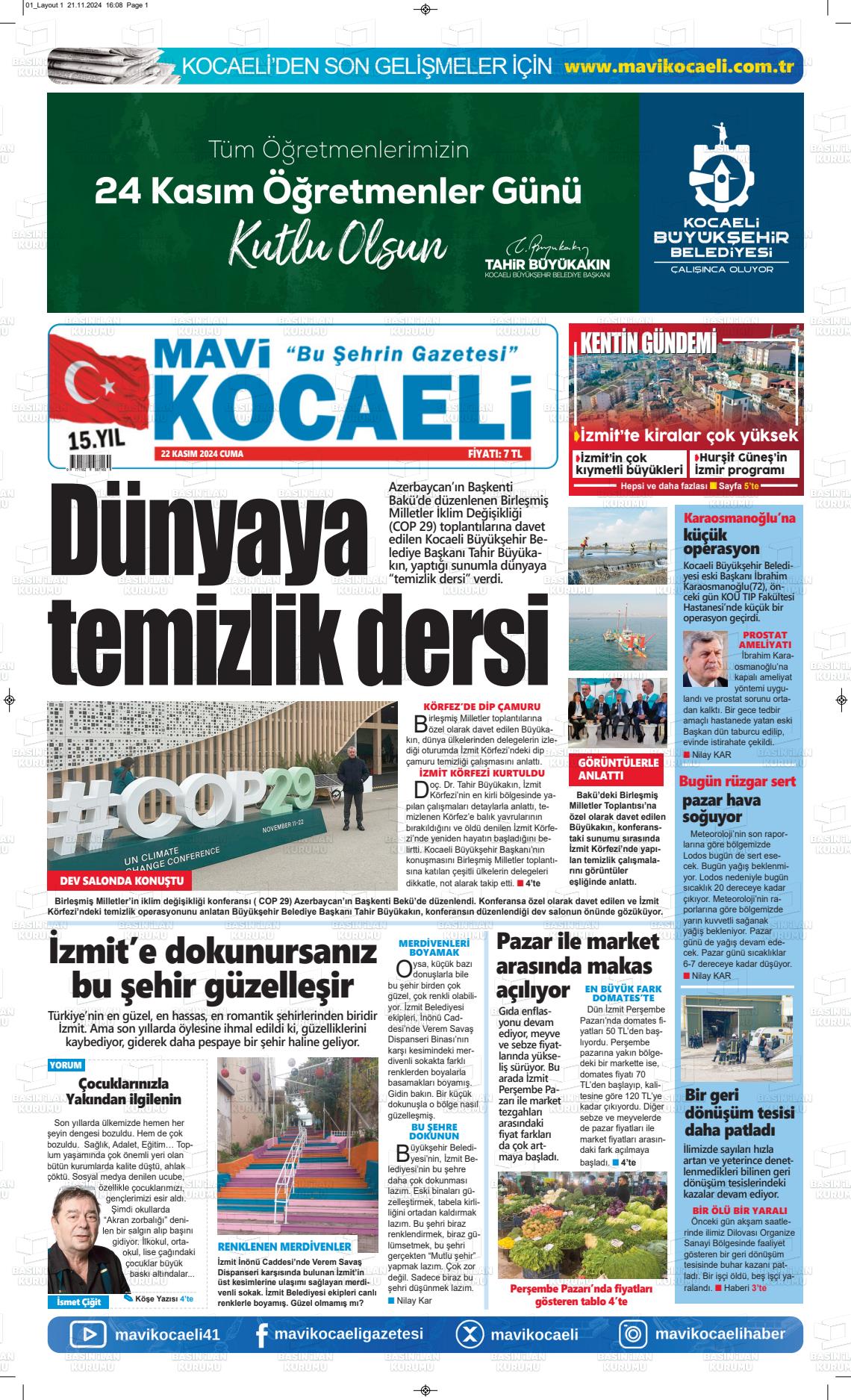 22 Kasım 2024 Mavi Kocaeli Gazete Manşeti