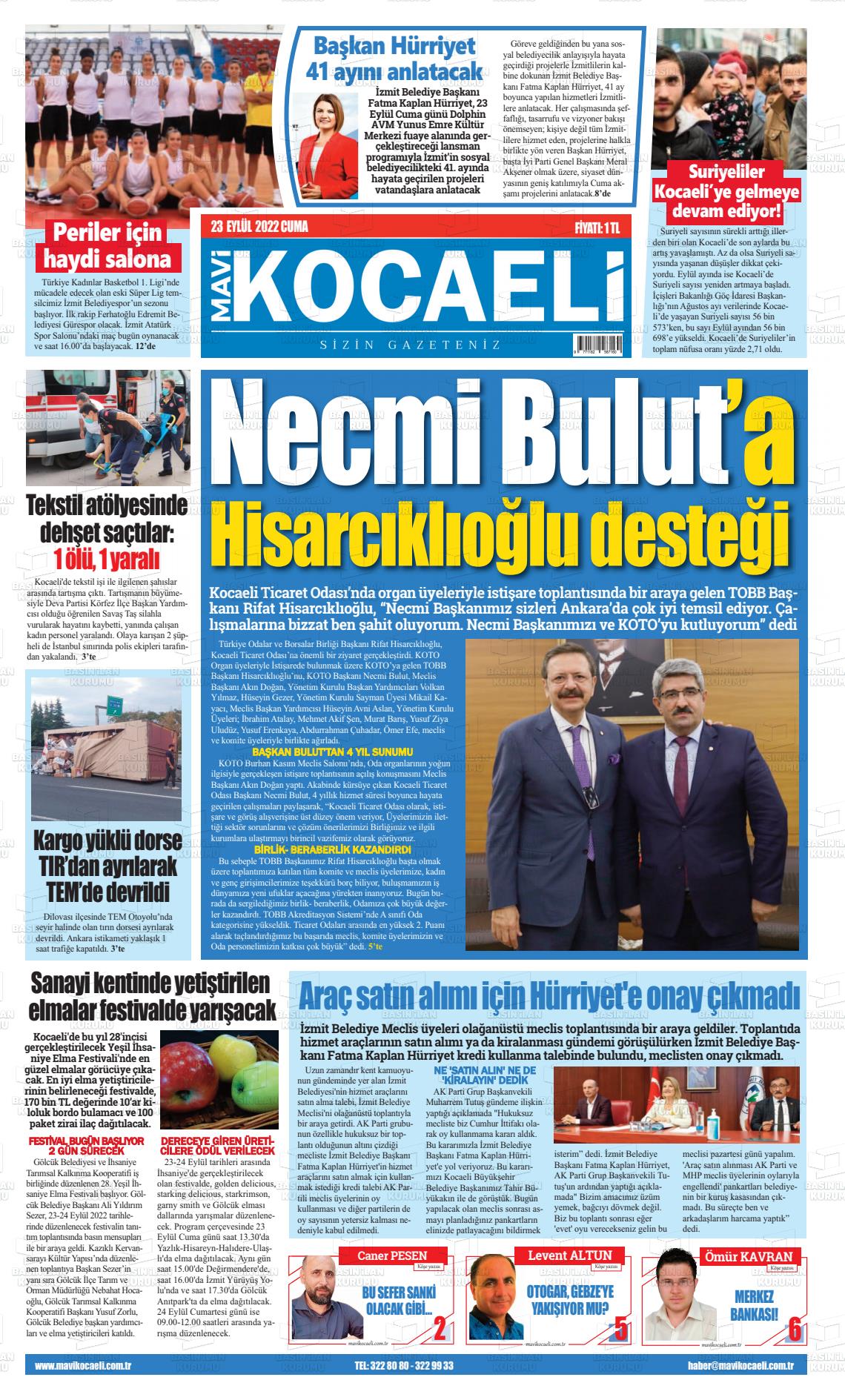 23 Eylül 2022 Mavi Kocaeli Gazete Manşeti