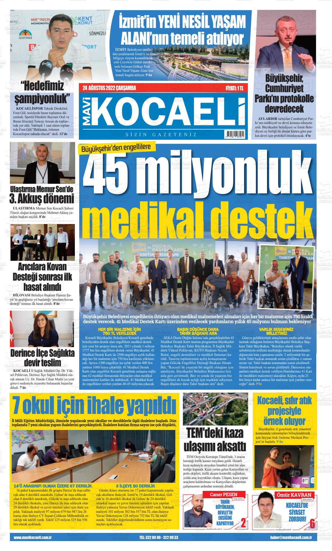 24 Ağustos 2022 Mavi Kocaeli Gazete Manşeti