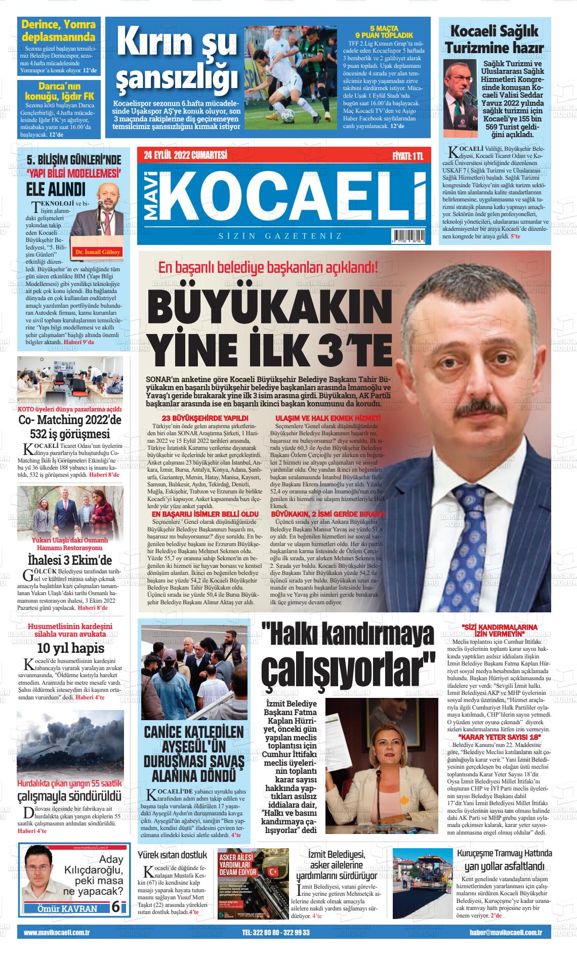 24 Eylül 2022 Mavi Kocaeli Gazete Manşeti