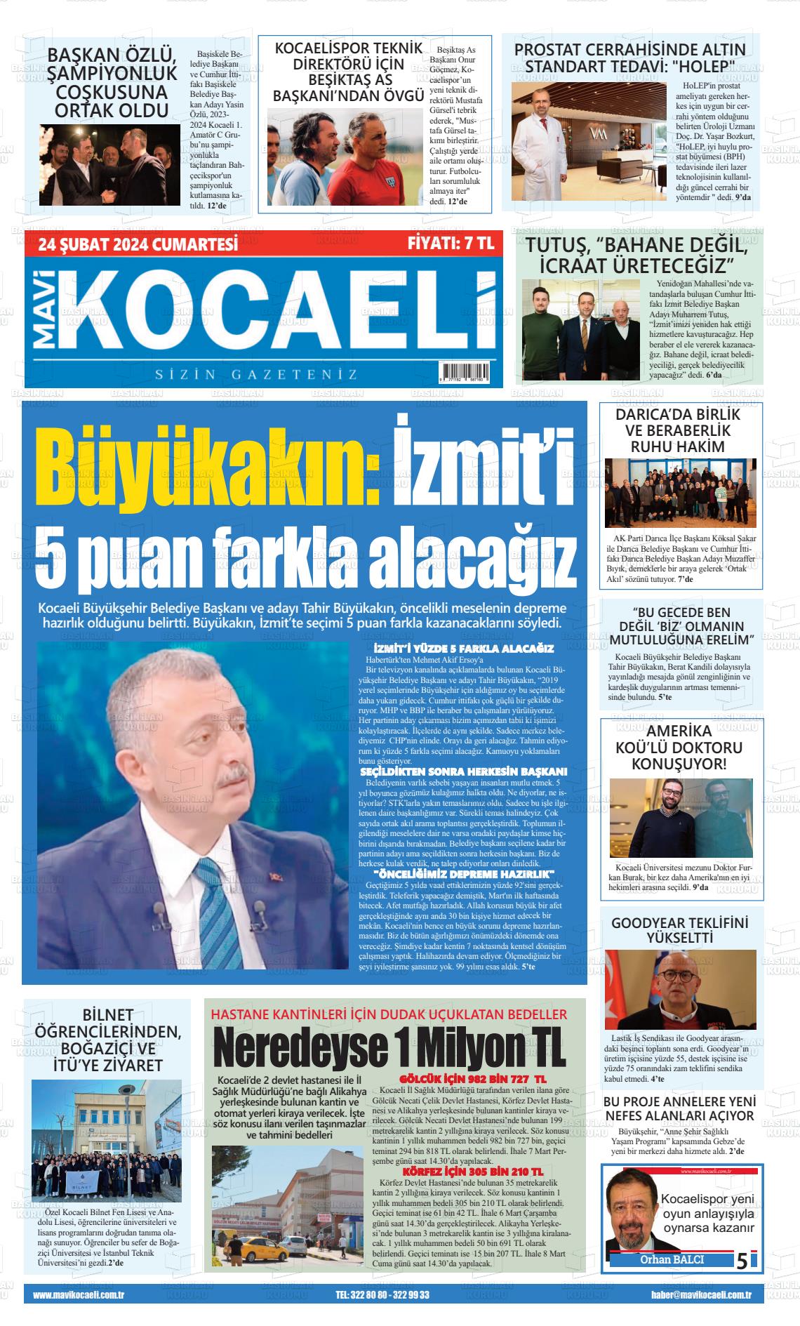 24 Şubat 2024 Mavi Kocaeli Gazete Manşeti