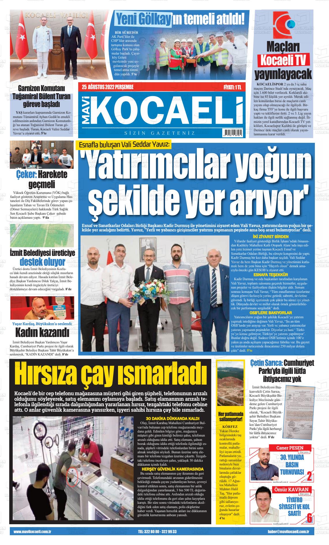 25 Ağustos 2022 Mavi Kocaeli Gazete Manşeti