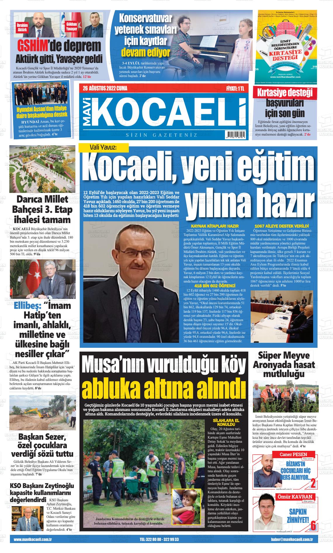 26 Ağustos 2022 Mavi Kocaeli Gazete Manşeti