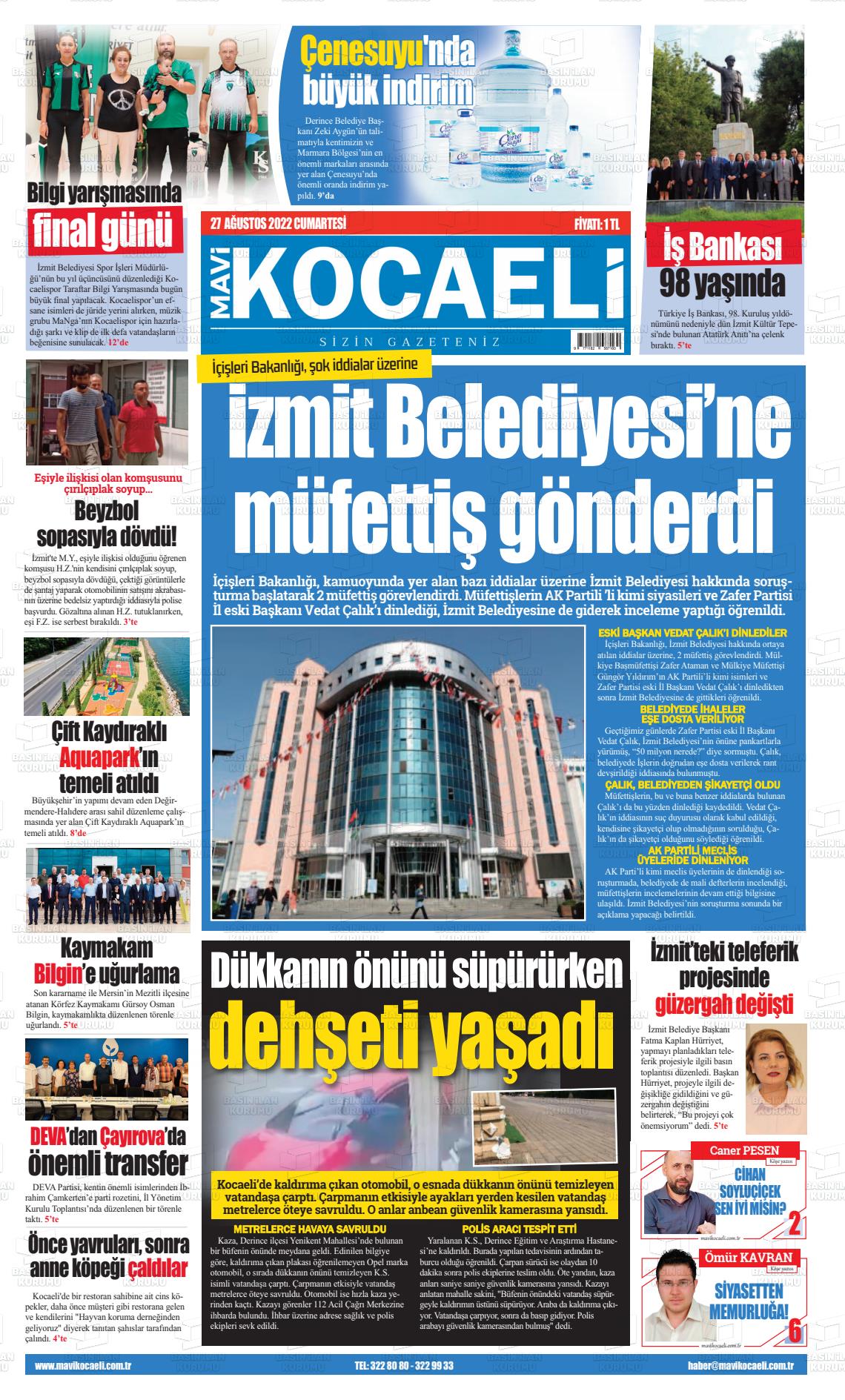 27 Ağustos 2022 Mavi Kocaeli Gazete Manşeti