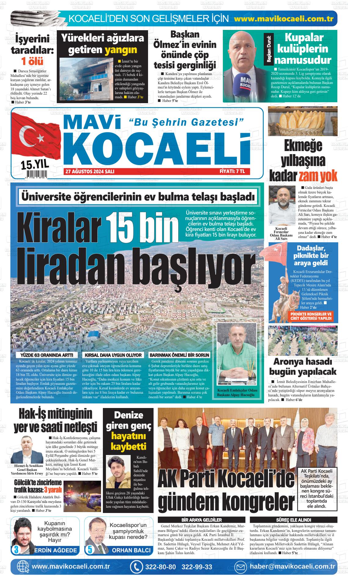 27 Ağustos 2024 Mavi Kocaeli Gazete Manşeti