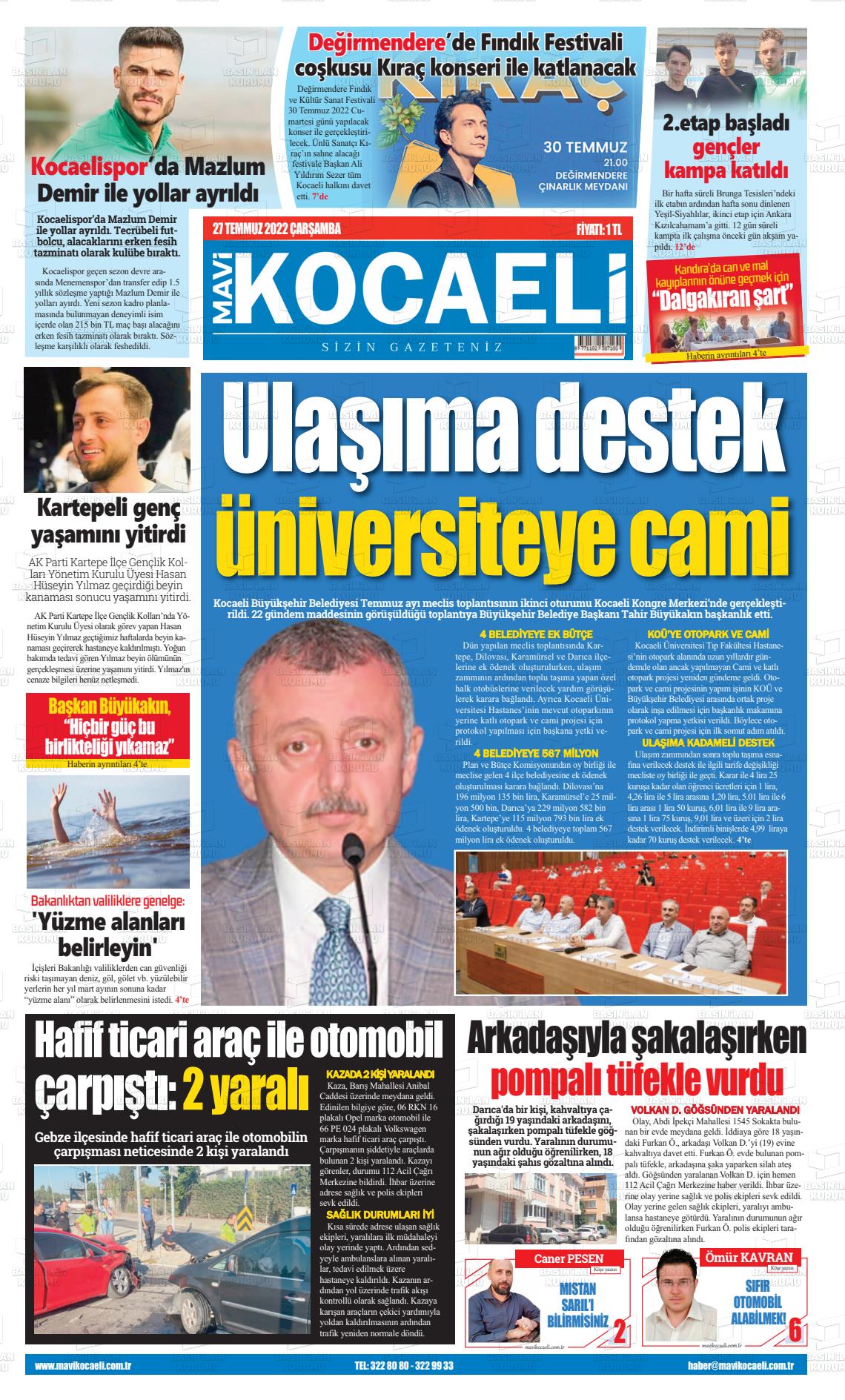 27 Temmuz 2022 Mavi Kocaeli Gazete Manşeti