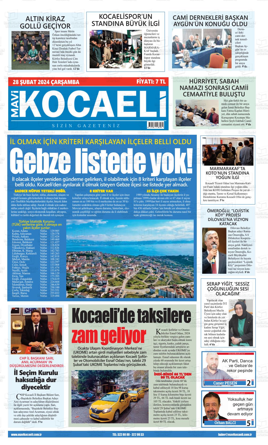 28 Şubat 2024 Mavi Kocaeli Gazete Manşeti