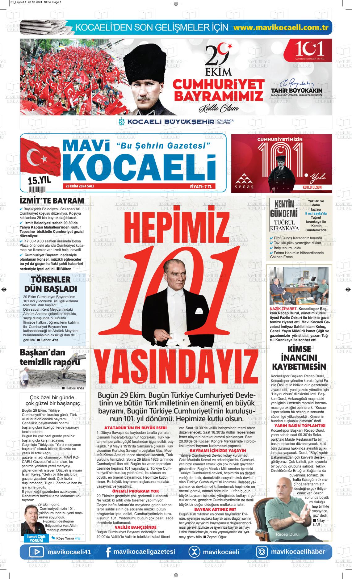 29 Ekim 2024 Mavi Kocaeli Gazete Manşeti