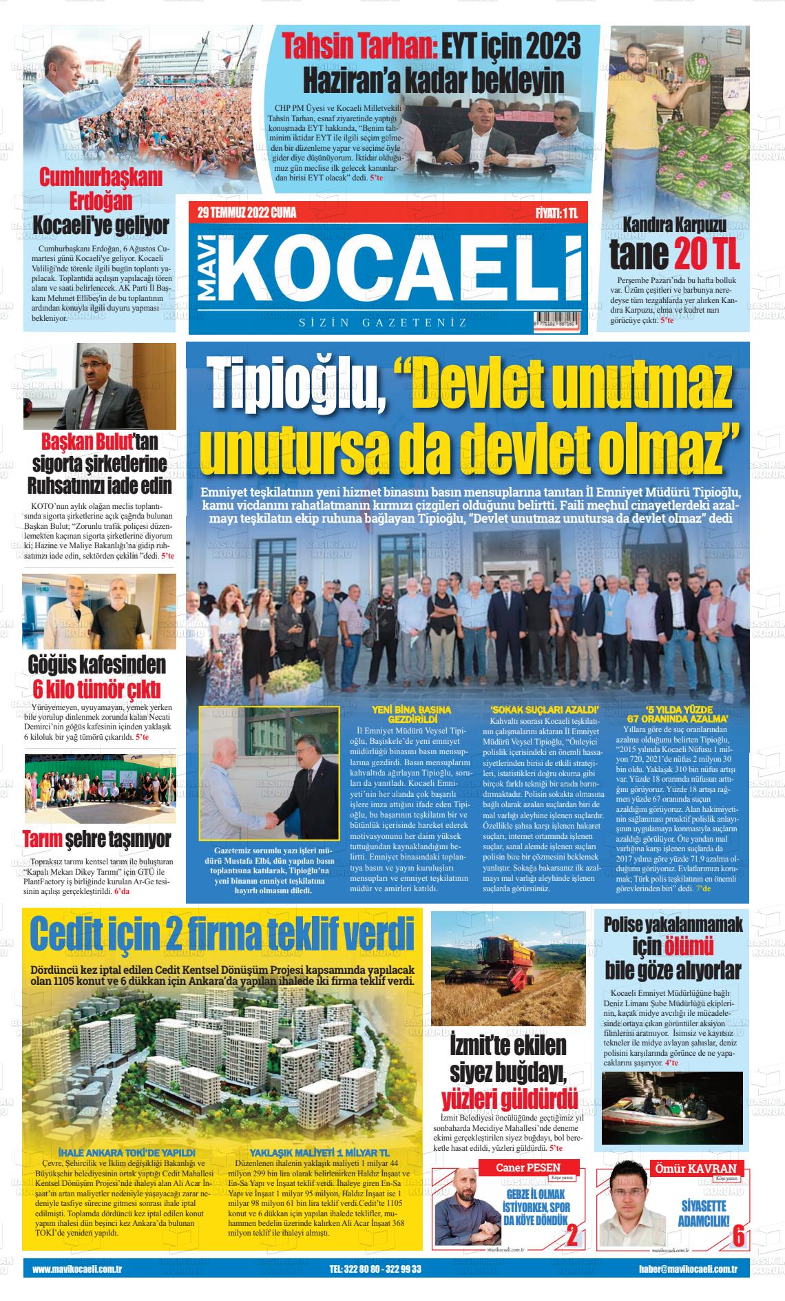 29 Temmuz 2022 Mavi Kocaeli Gazete Manşeti