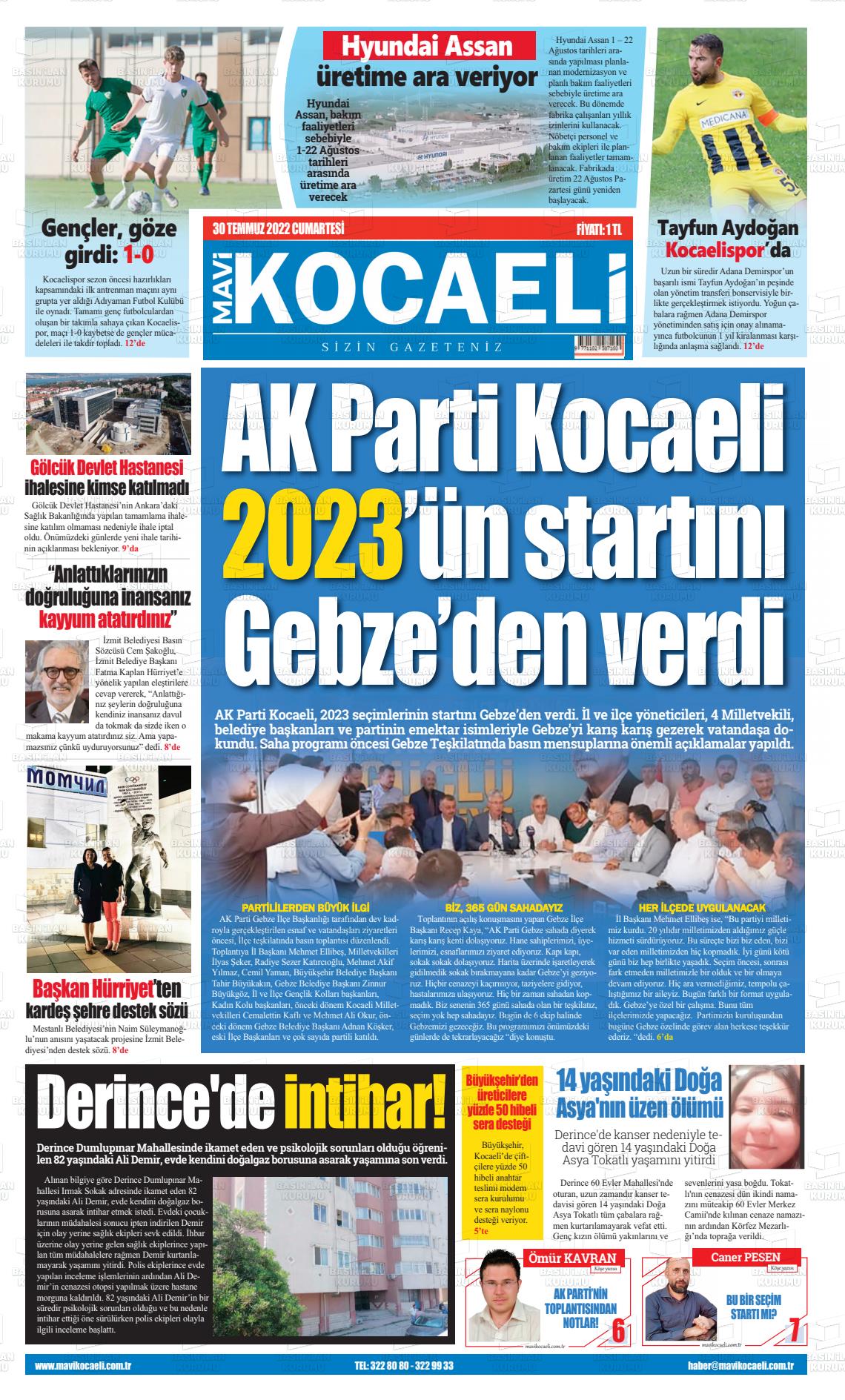 30 Temmuz 2022 Mavi Kocaeli Gazete Manşeti