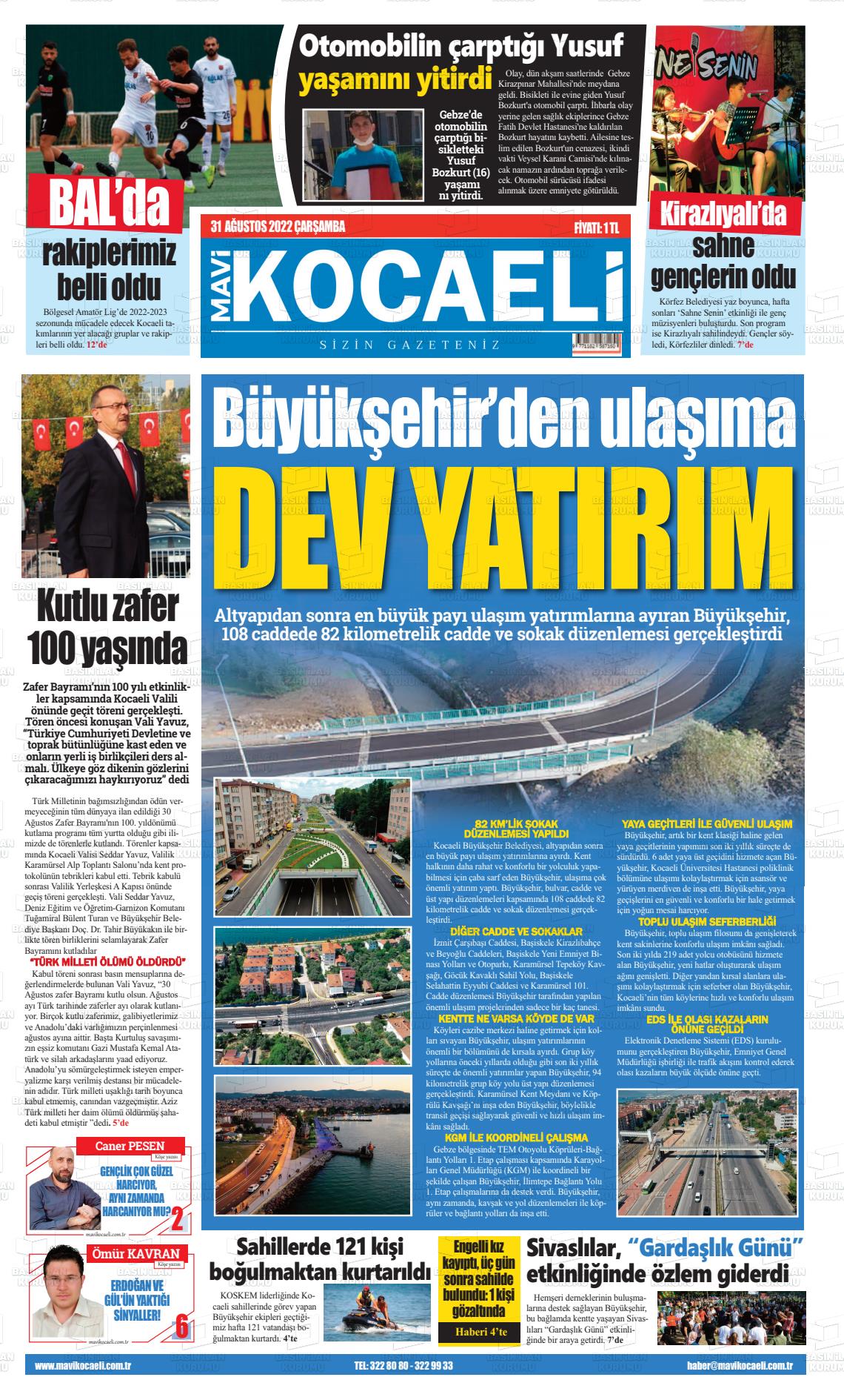 31 Ağustos 2022 Mavi Kocaeli Gazete Manşeti