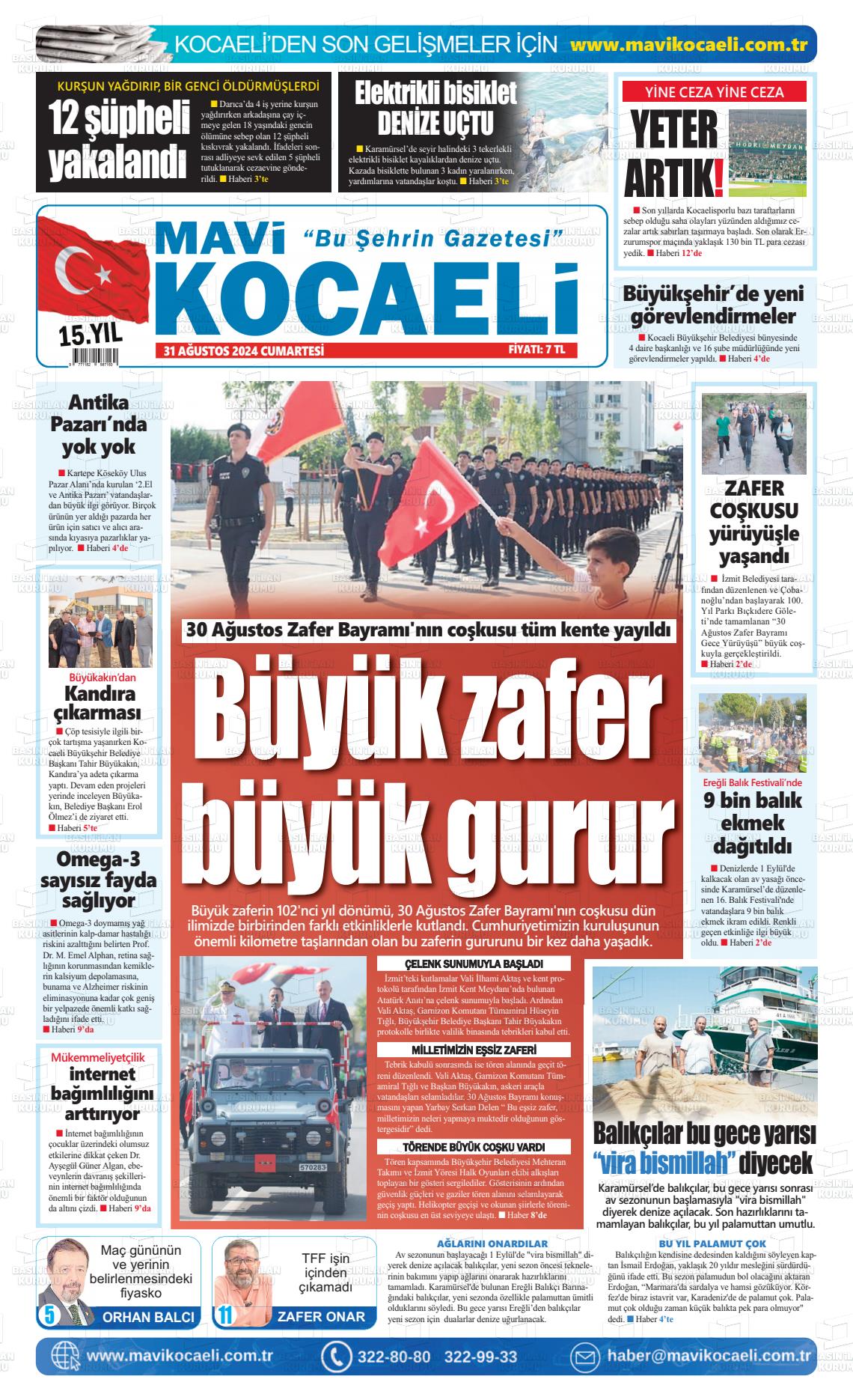 31 Ağustos 2024 Mavi Kocaeli Gazete Manşeti