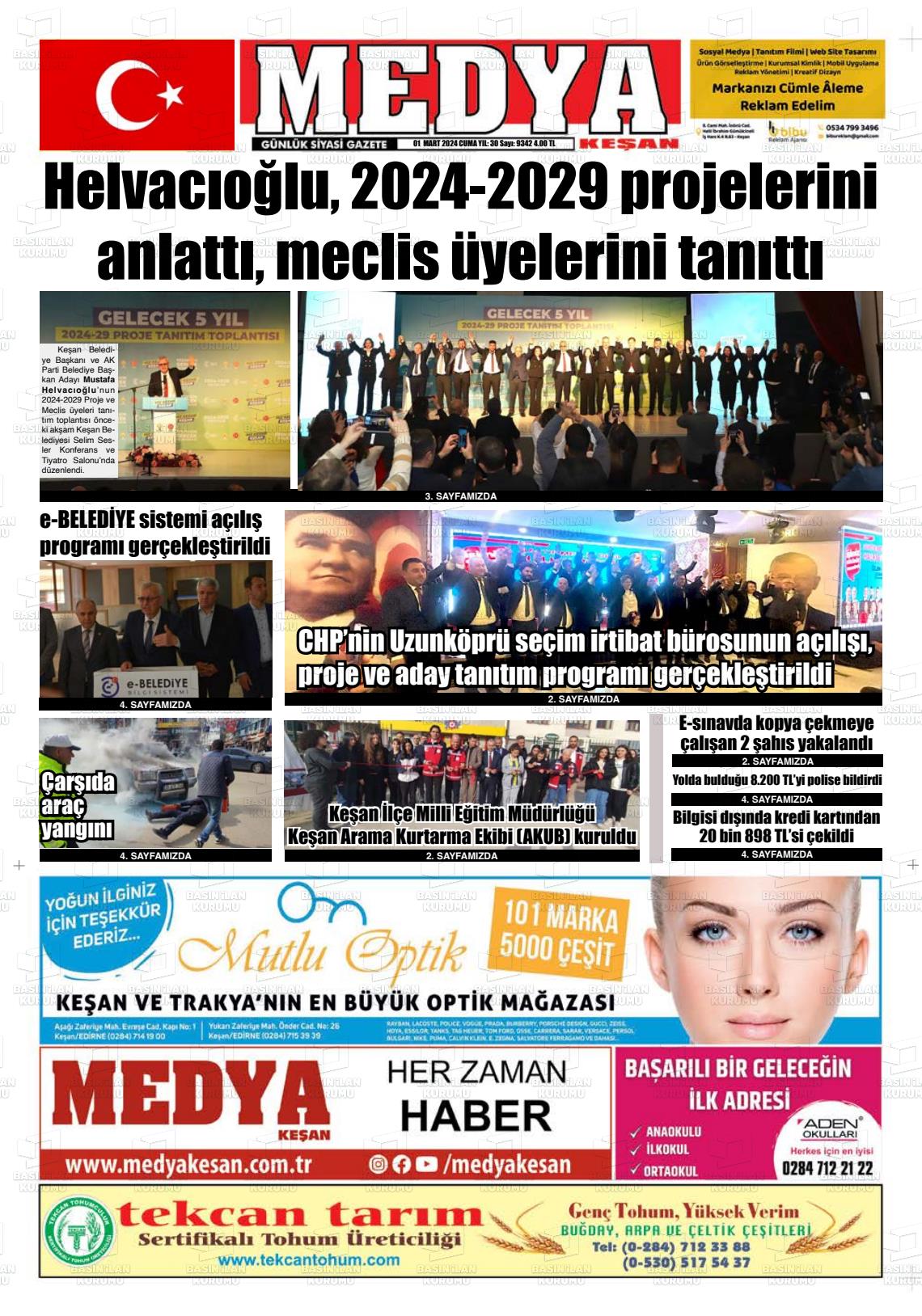 01 Mart 2024 Medya Keşan Gazete Manşeti