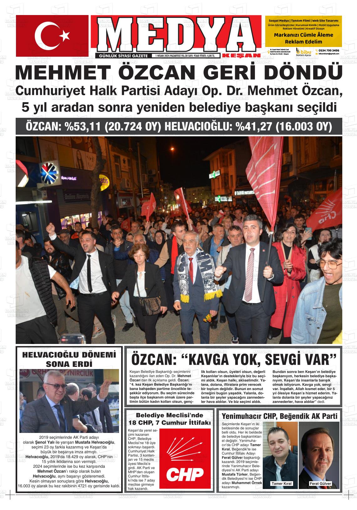 01 Nisan 2024 Medya Keşan Gazete Manşeti