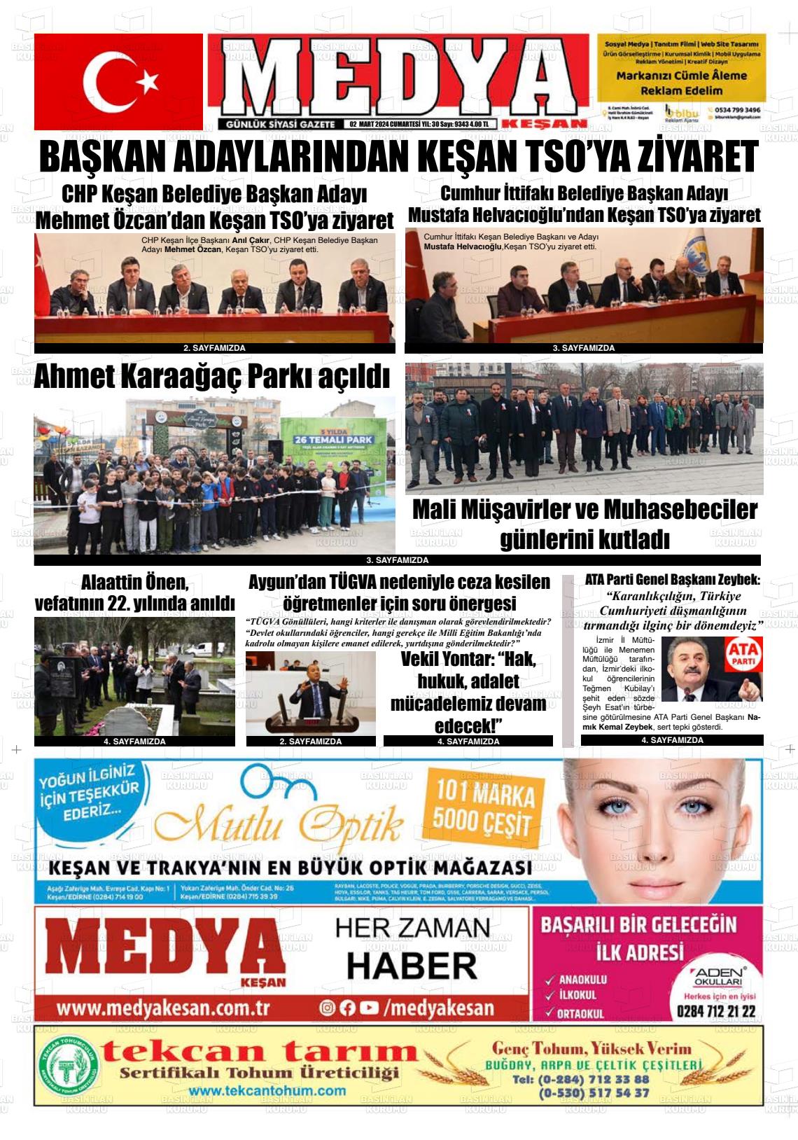 02 Mart 2024 Medya Keşan Gazete Manşeti