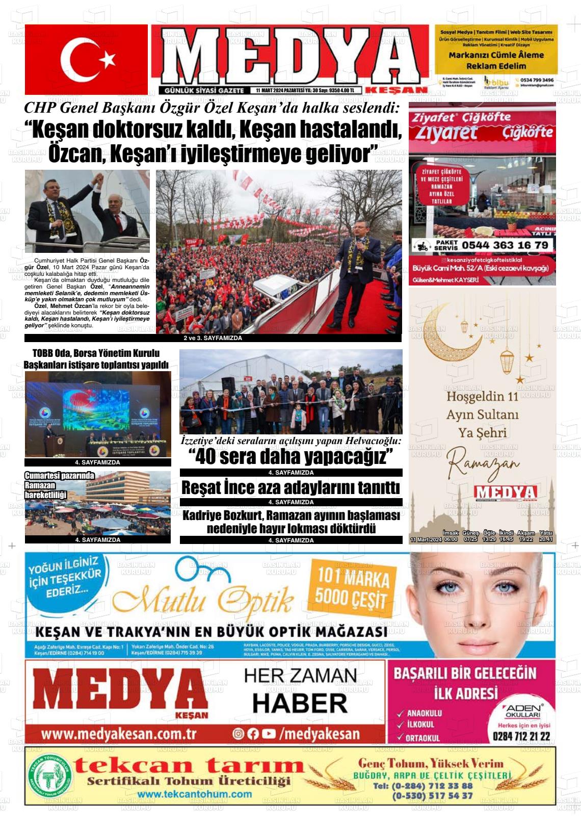 11 Mart 2024 Medya Keşan Gazete Manşeti