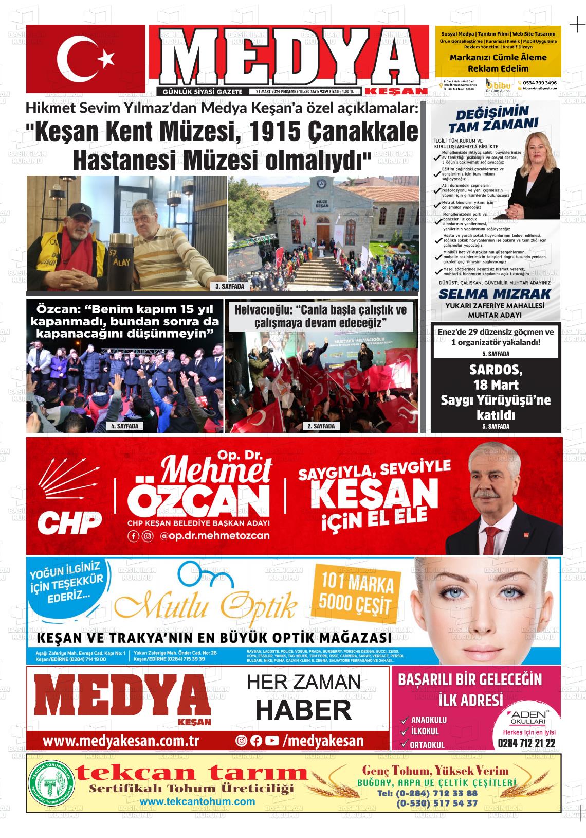 21 Mart 2024 Medya Keşan Gazete Manşeti