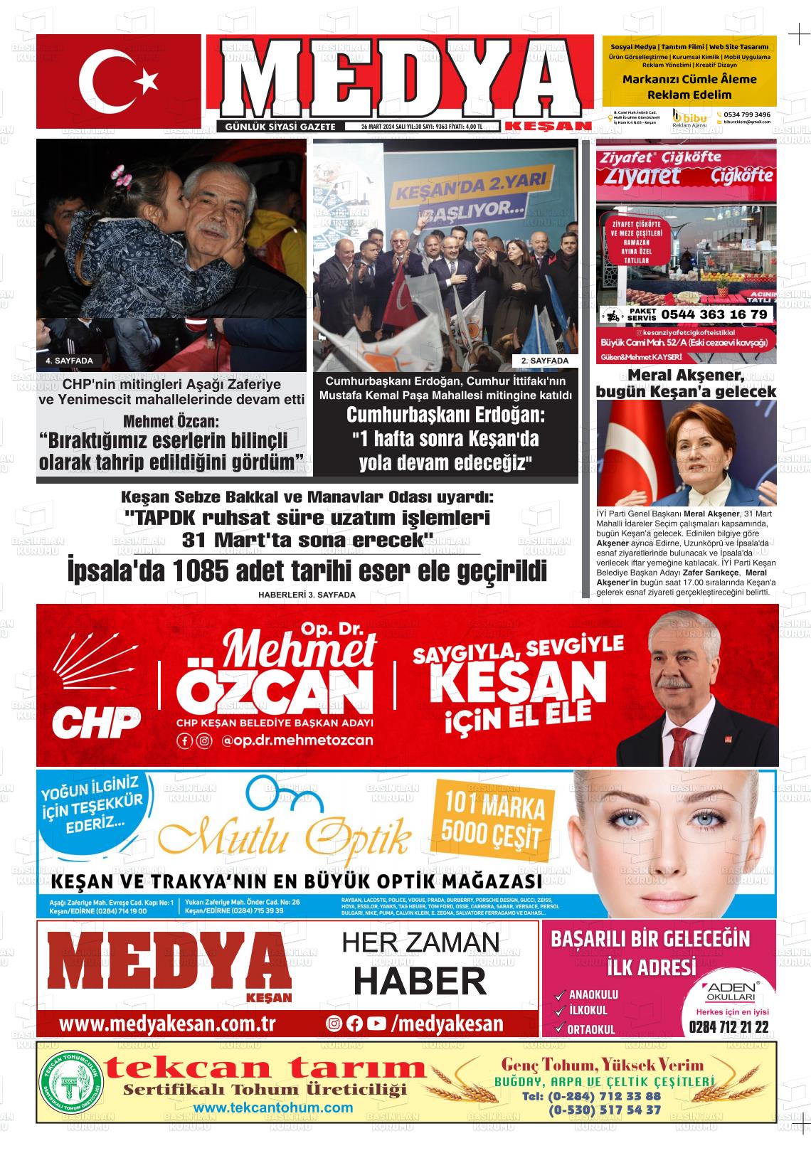 26 Mart 2024 Medya Keşan Gazete Manşeti