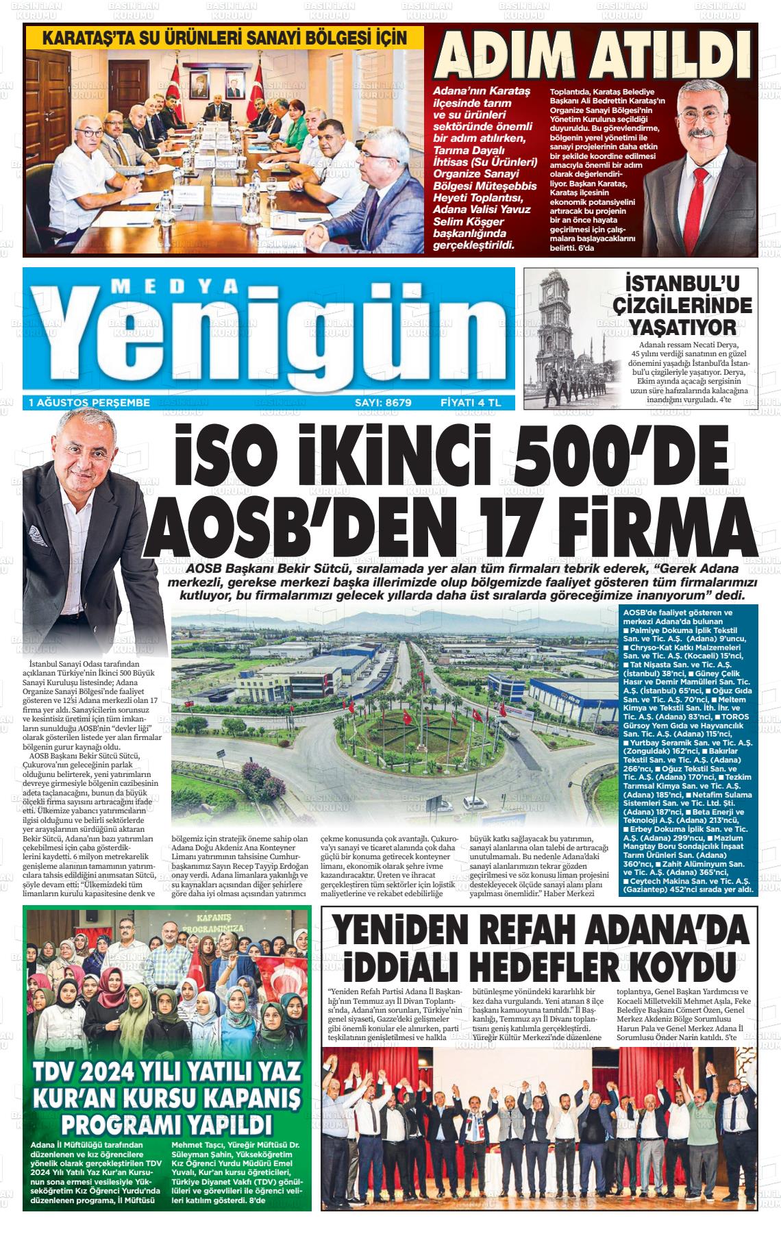 01 Ağustos 2024 Medya Yenigün Gazete Manşeti