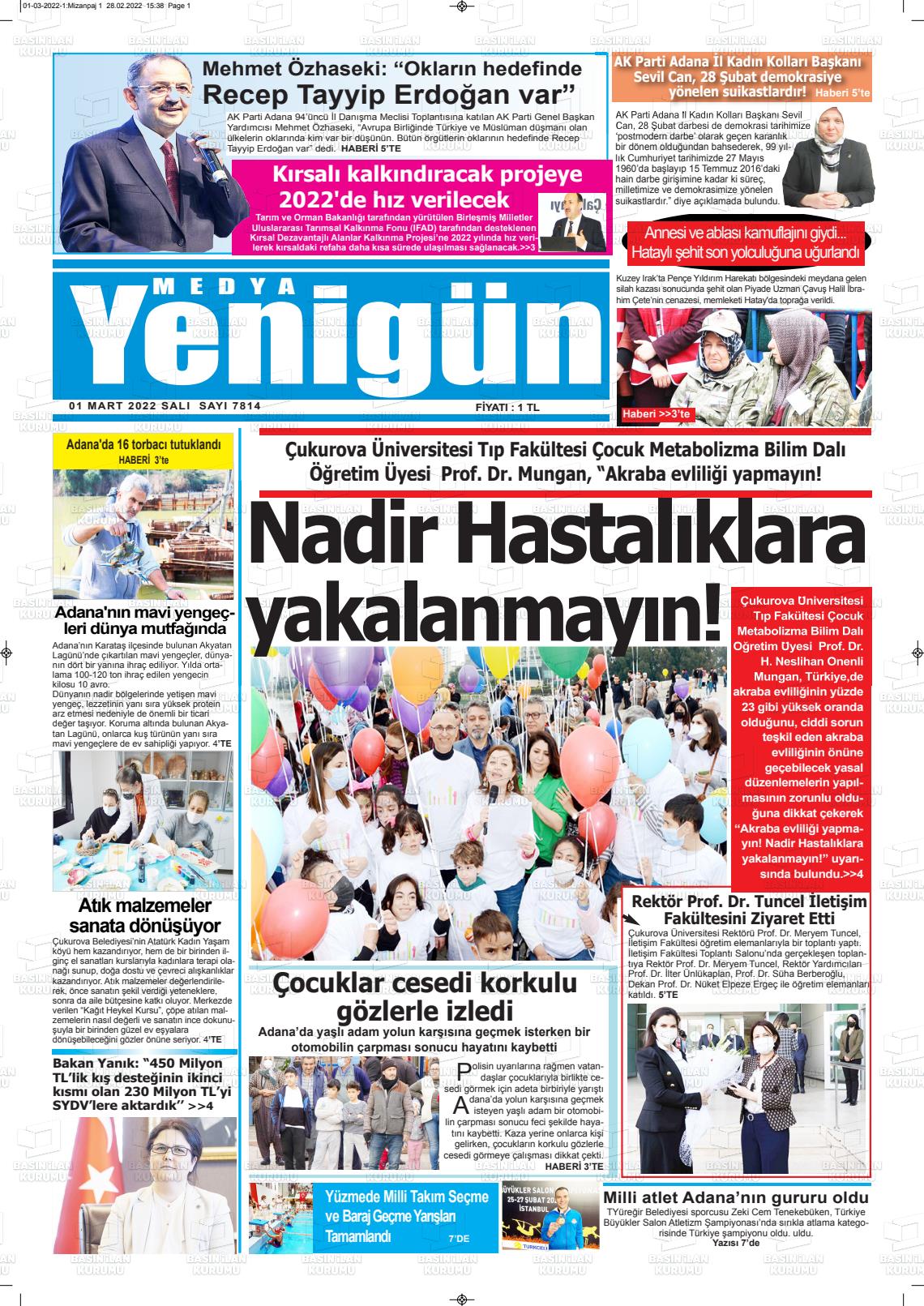 01 Mart 2022 Medya Yenigün Gazete Manşeti