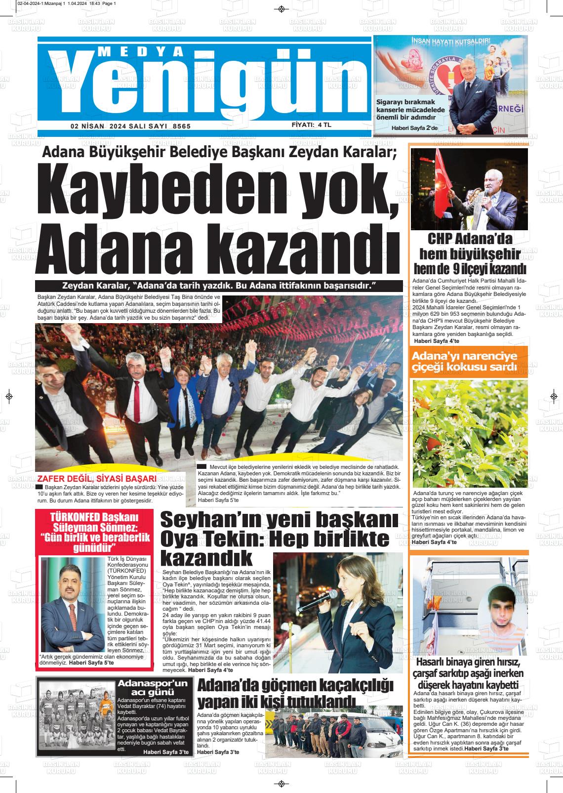 02 Nisan 2024 Medya Yenigün Gazete Manşeti