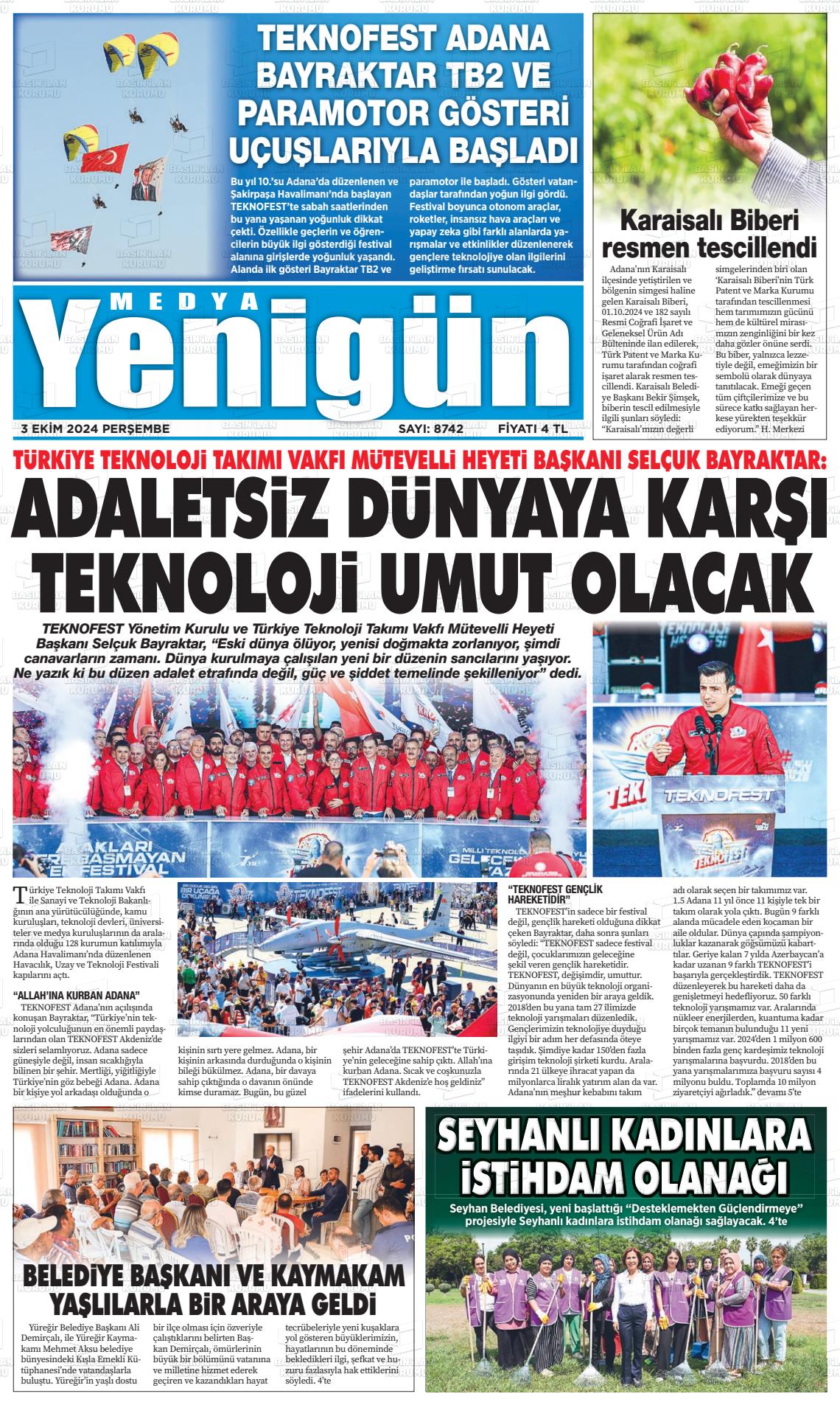 03 Ekim 2024 Medya Yenigün Gazete Manşeti